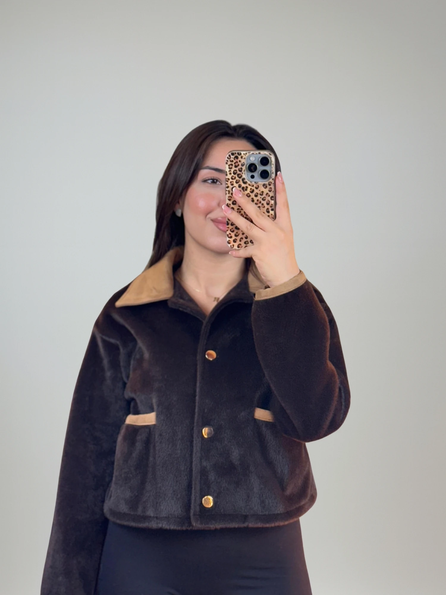 Yaka Granili Önü düğmeli Süet Mont