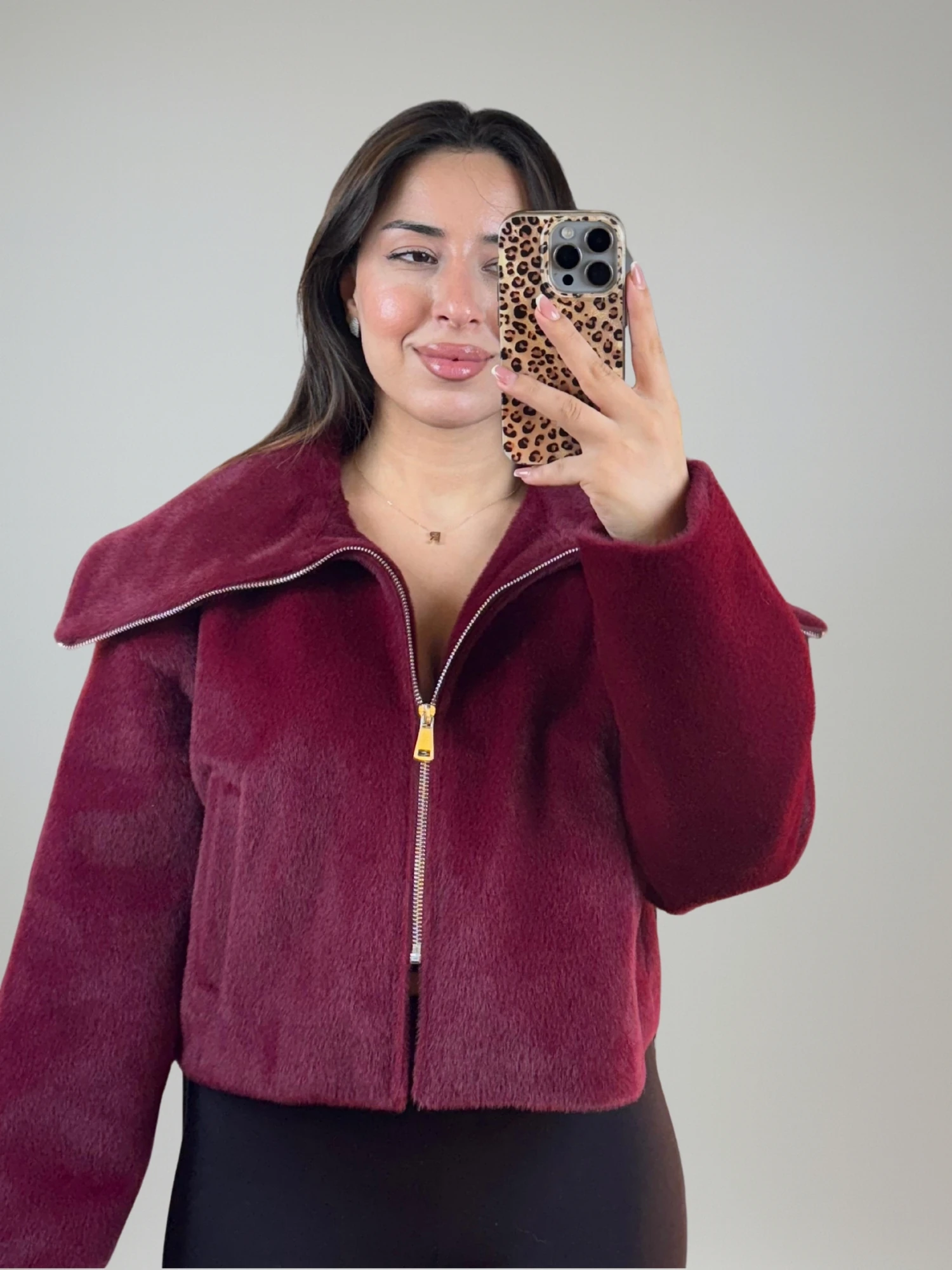 Boydan Fermuarlı Bordo Kısa Kürk