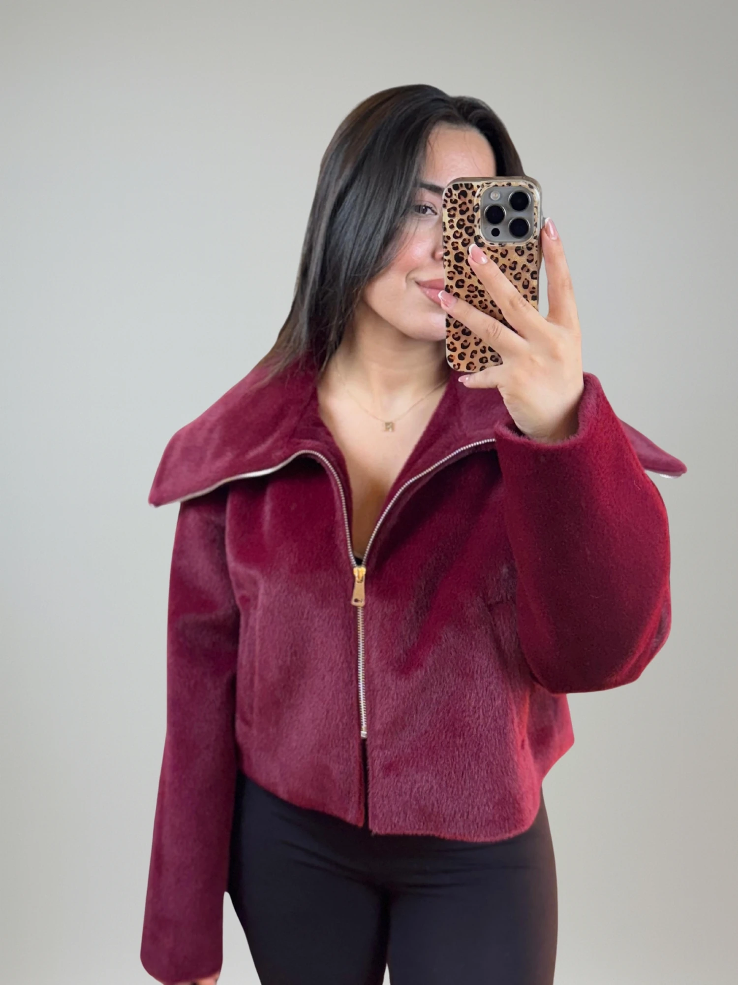 Boydan Fermuarlı Bordo Kısa Kürk