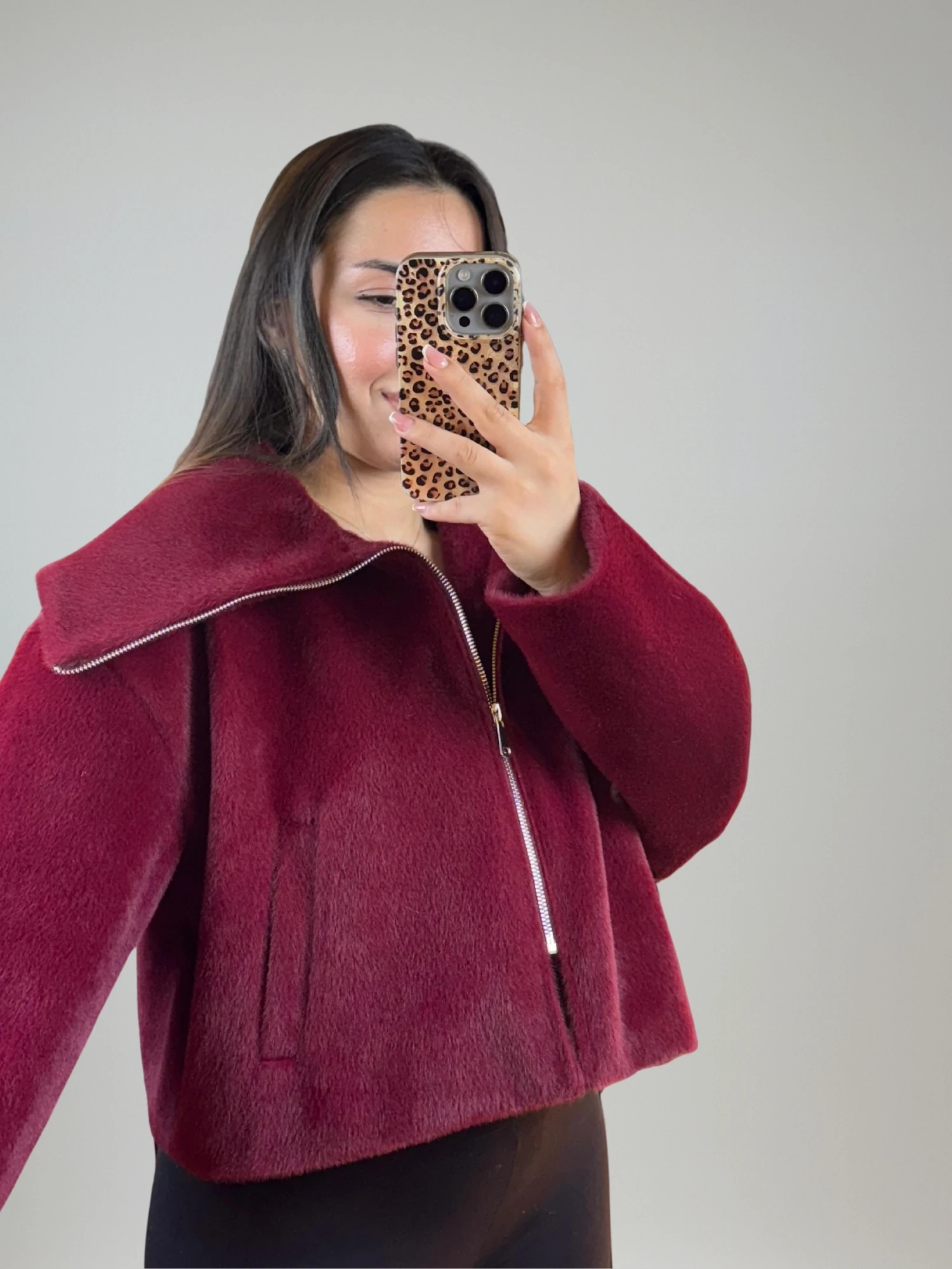 Boydan Fermuarlı Bordo Kısa Kürk