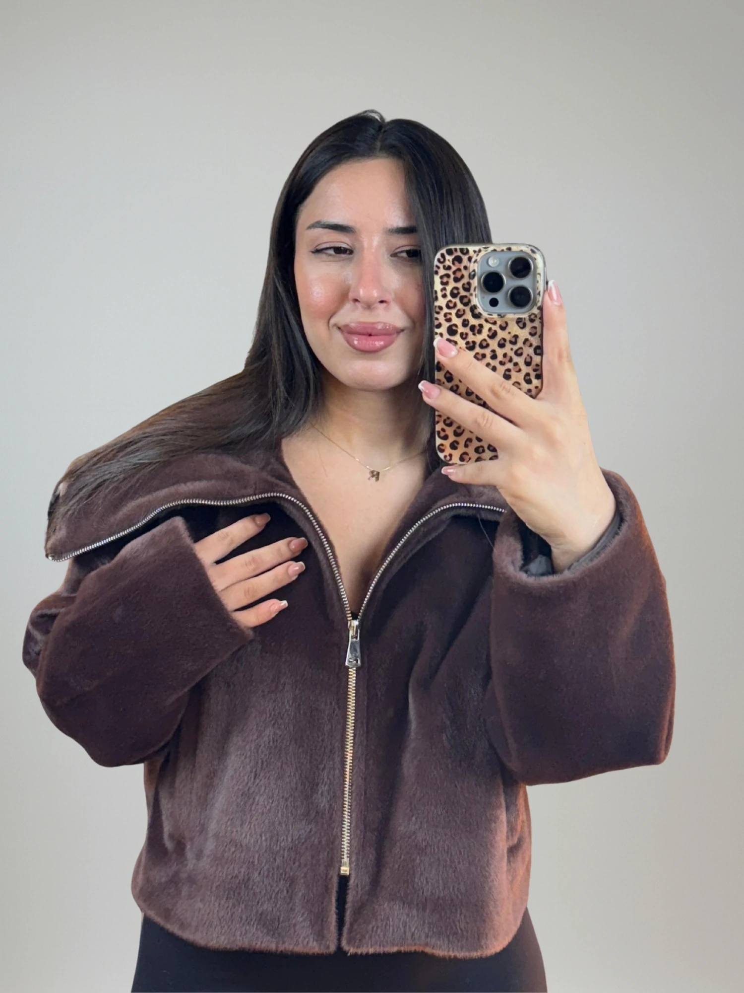 Boydan Fermuarlı Acı Kahve Kısa Kürk