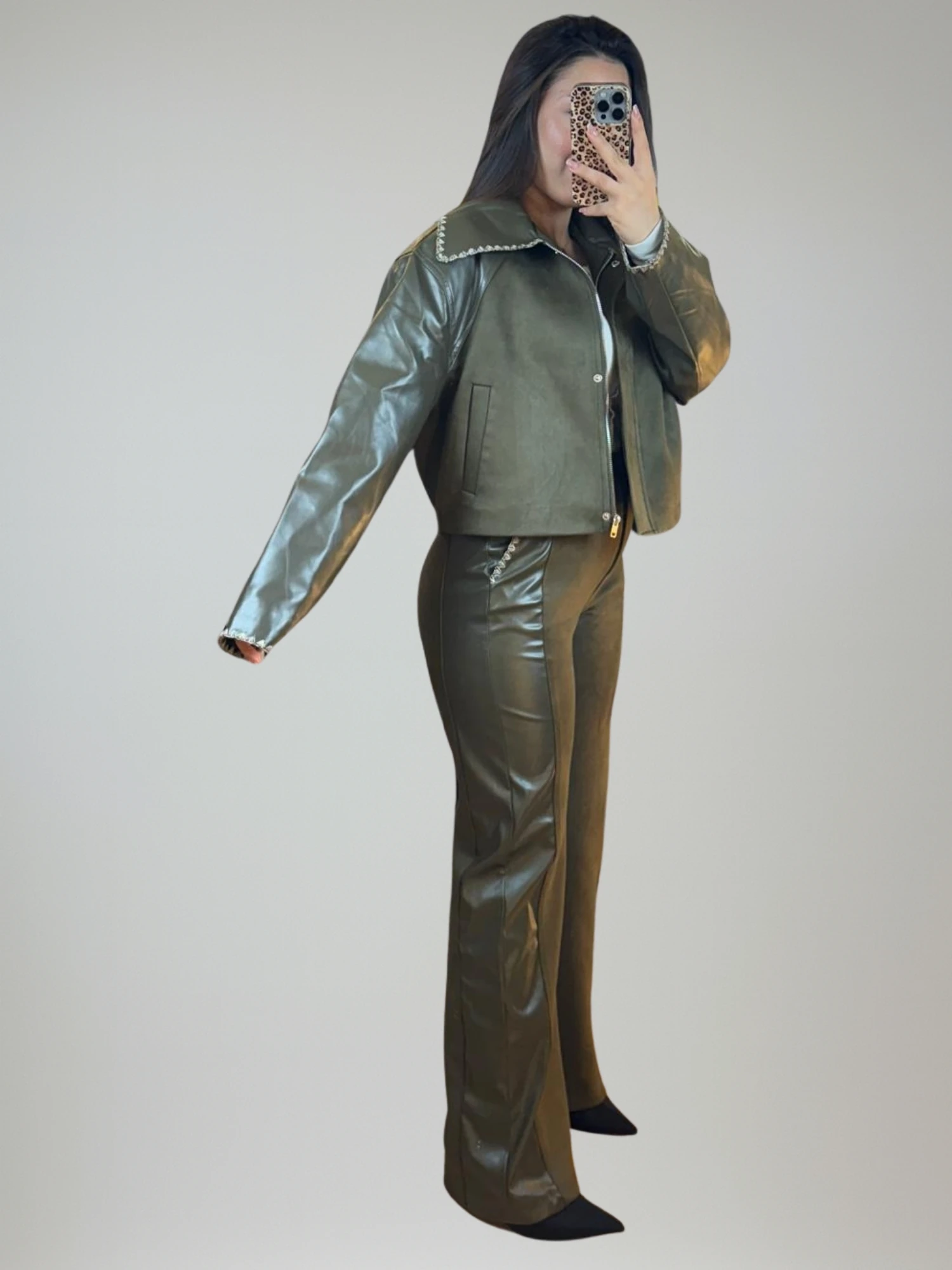 Haki Deri & Süet Mix Takım