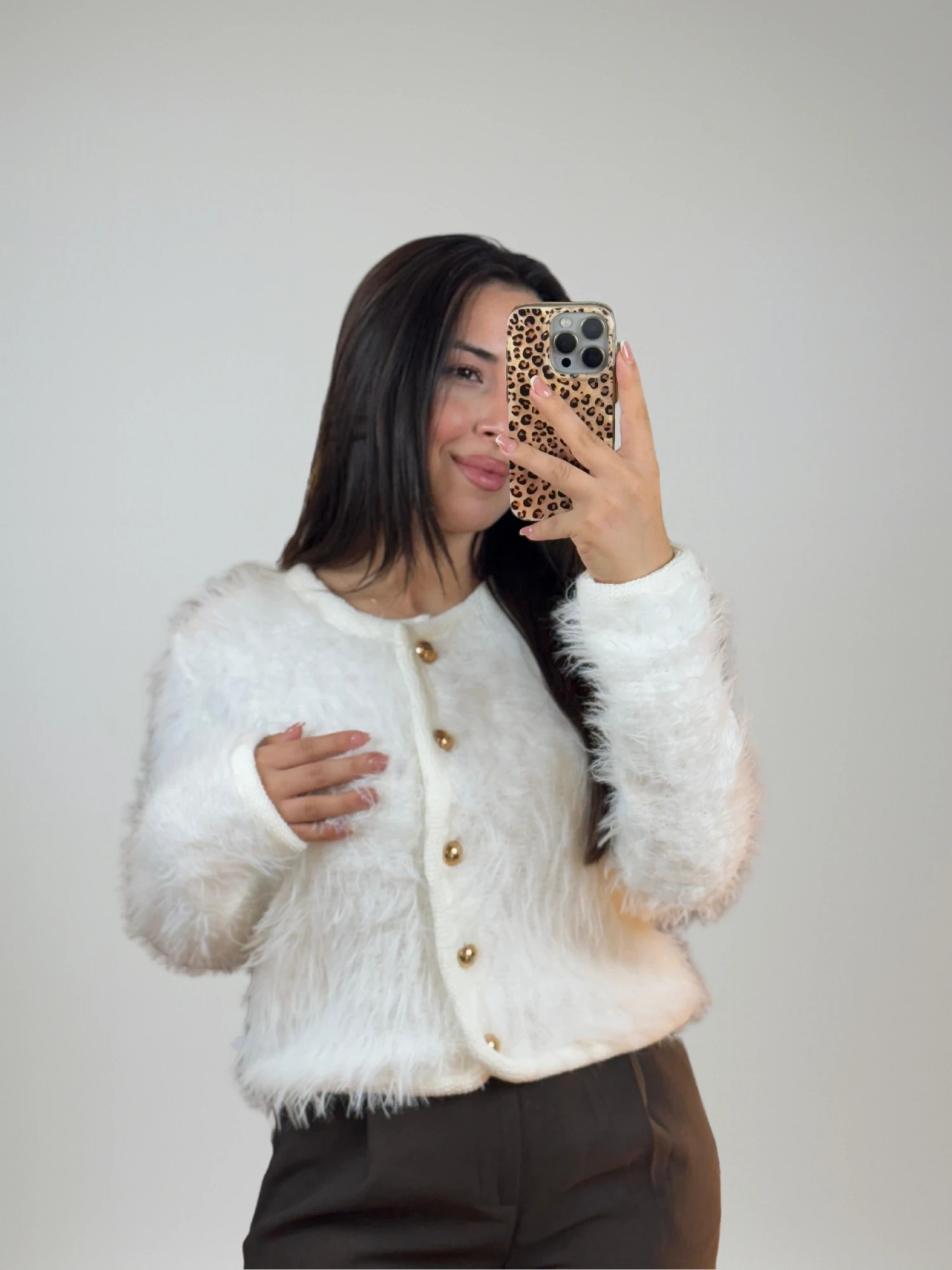 Ekru Peluş Görünümlü Kadın Hırka