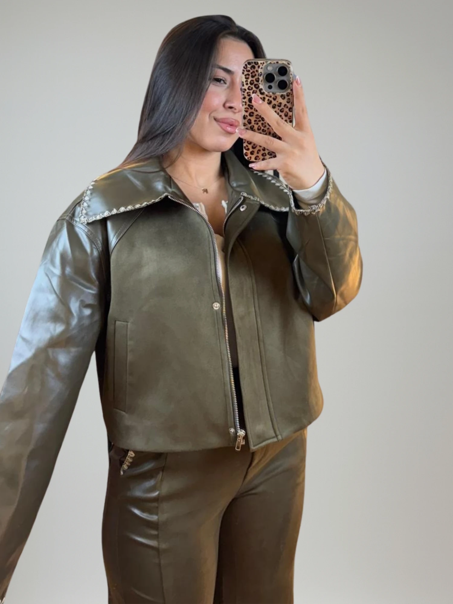 Haki Deri & Süet Mix Takım