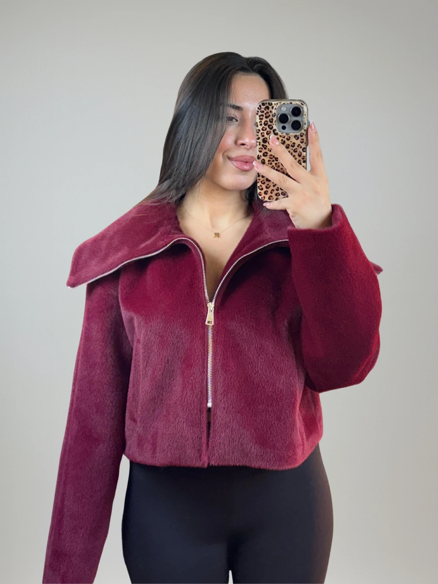 Boydan Fermuarlı Bordo Kısa Kürk