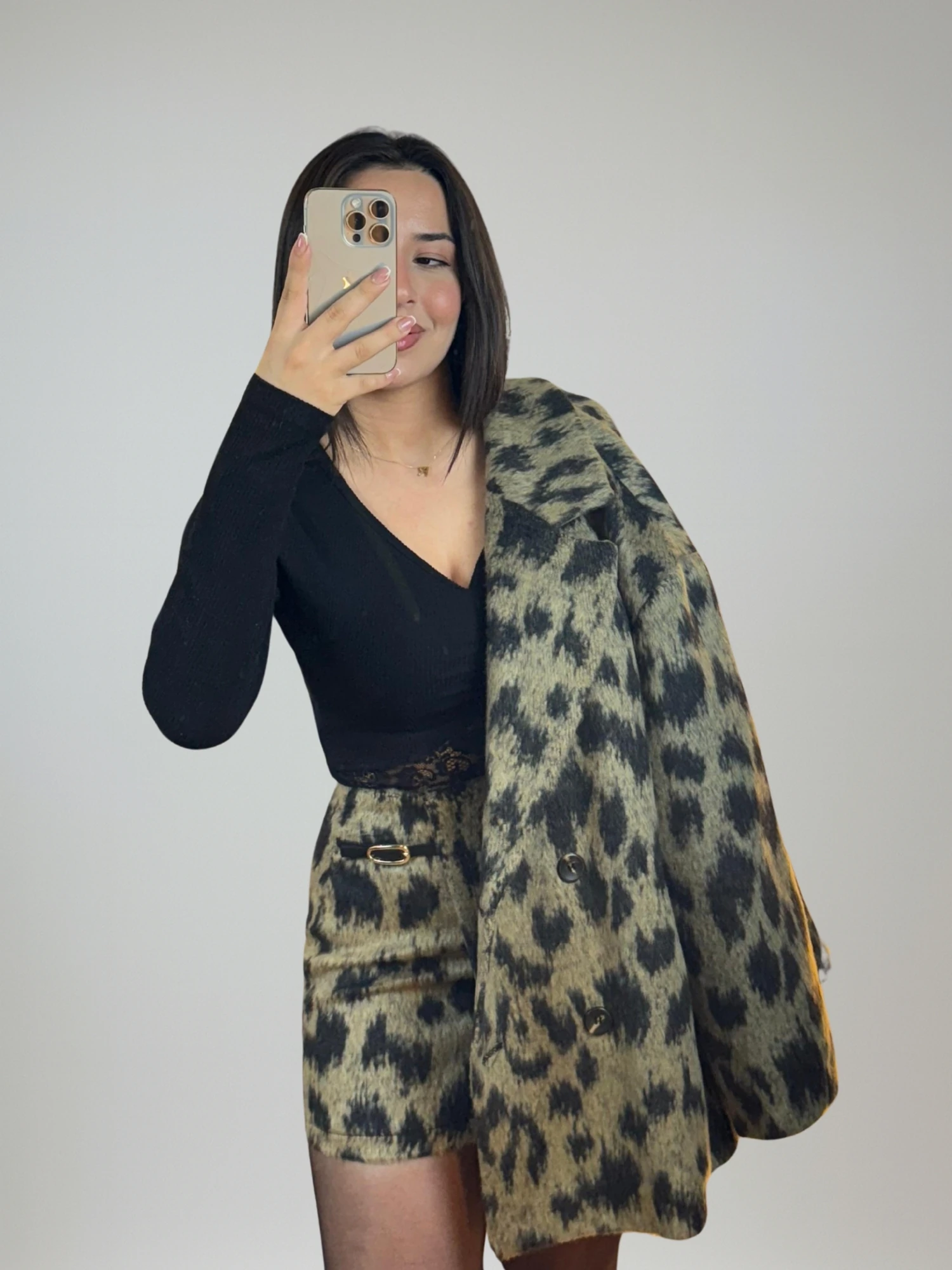 Leopar Desen Şort Etek ve Ceket Takımı