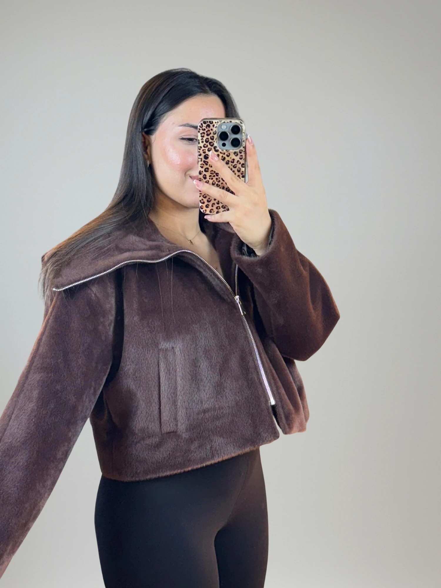 Boydan Fermuarlı Acı Kahve Kısa Kürk