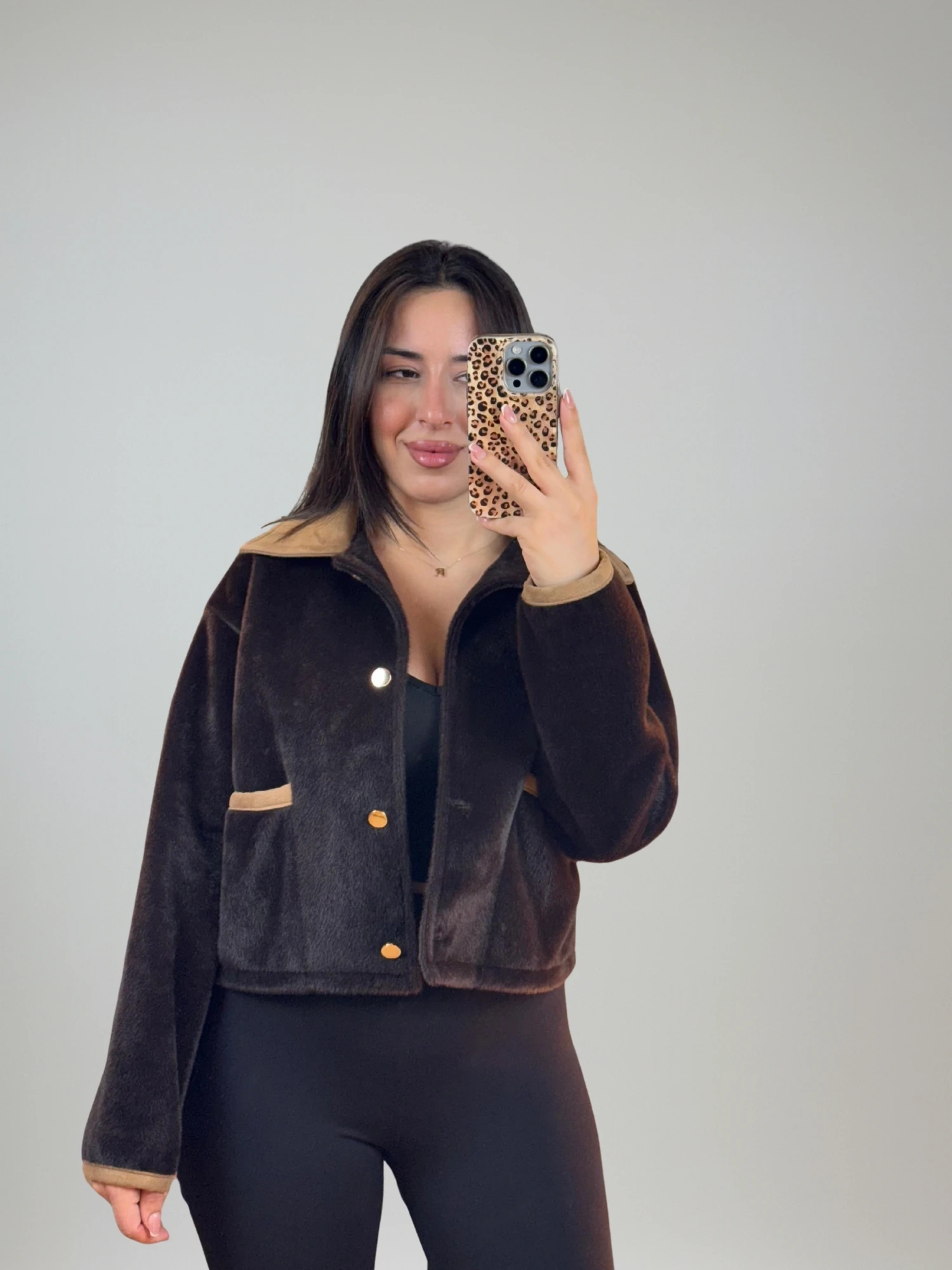 Yaka Granili Önü düğmeli Süet Mont