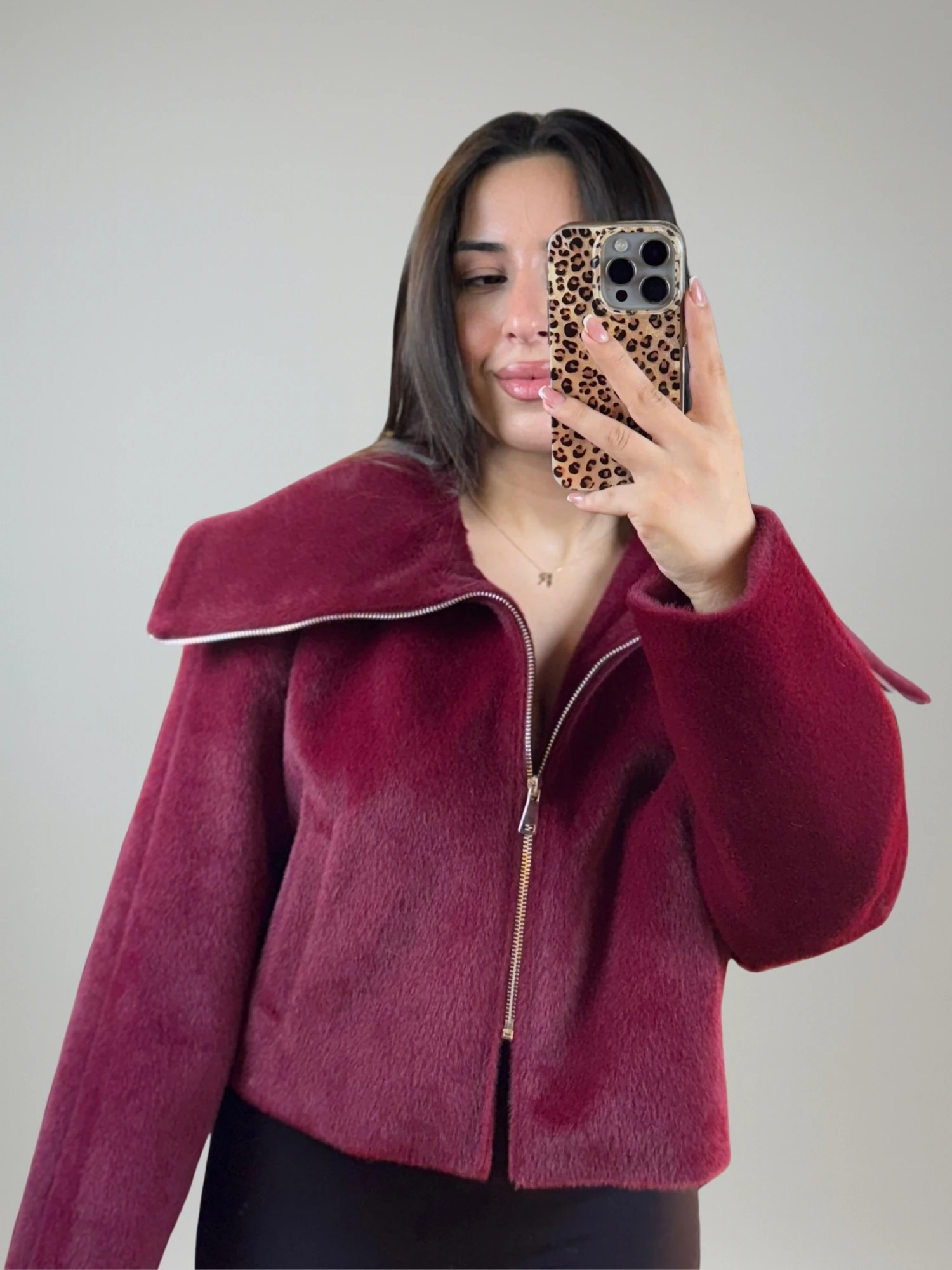 Boydan Fermuarlı Bordo Kısa Kürk