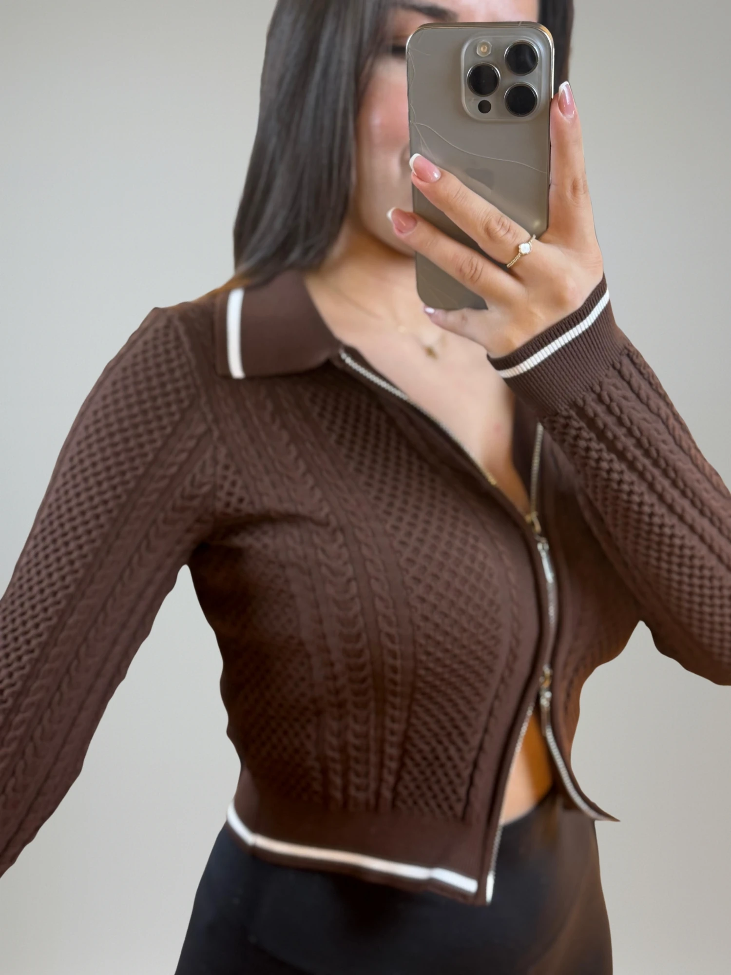 Ön Fermuarlı Acı Kahve Hırka 