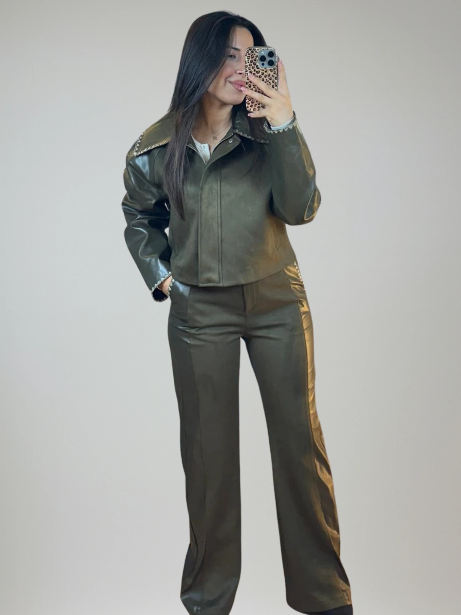 Haki Deri & Süet Mix Takım