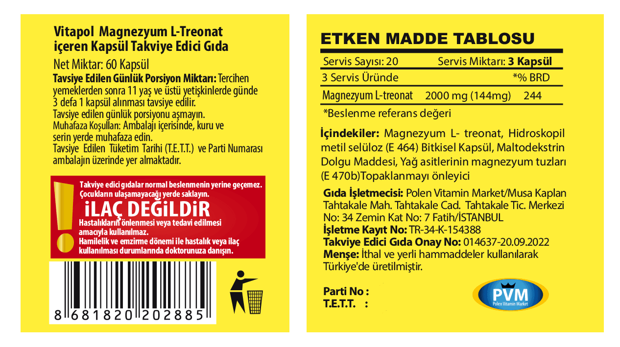 Magnezyum L-Treonat 2000 Mg 60 Kapsül