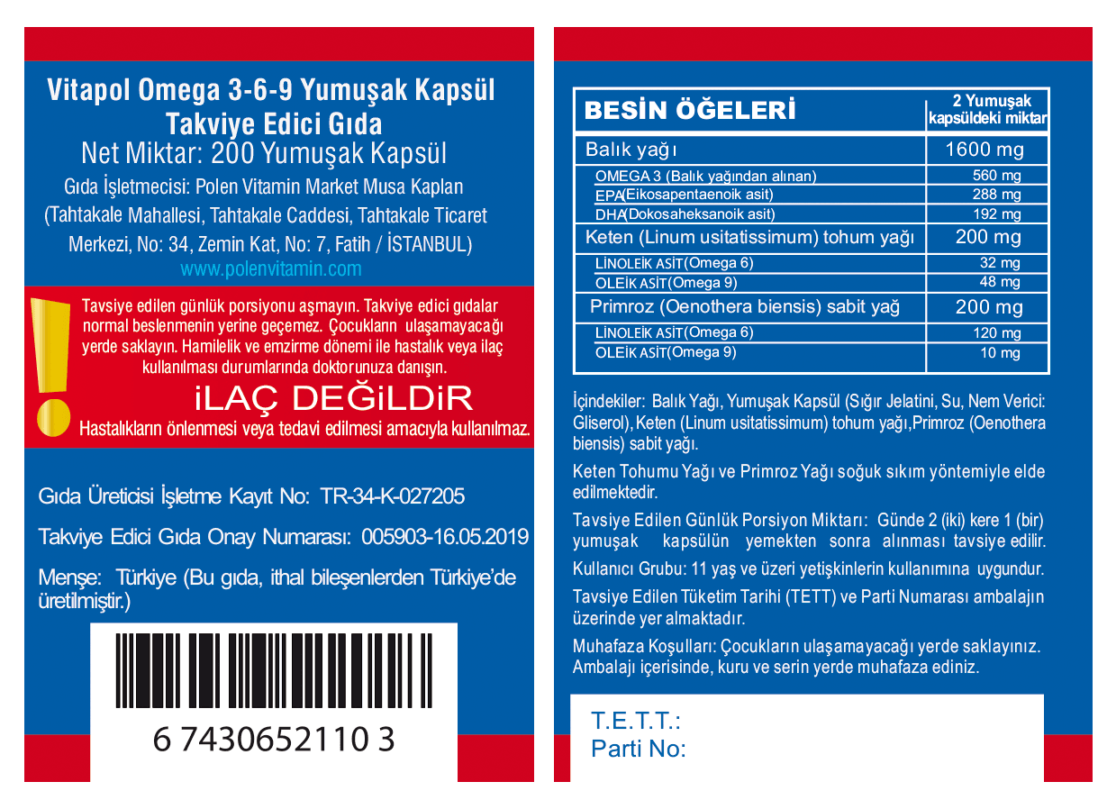 VITAPOL OMEGA 3-6-9 200 KAPSÜL