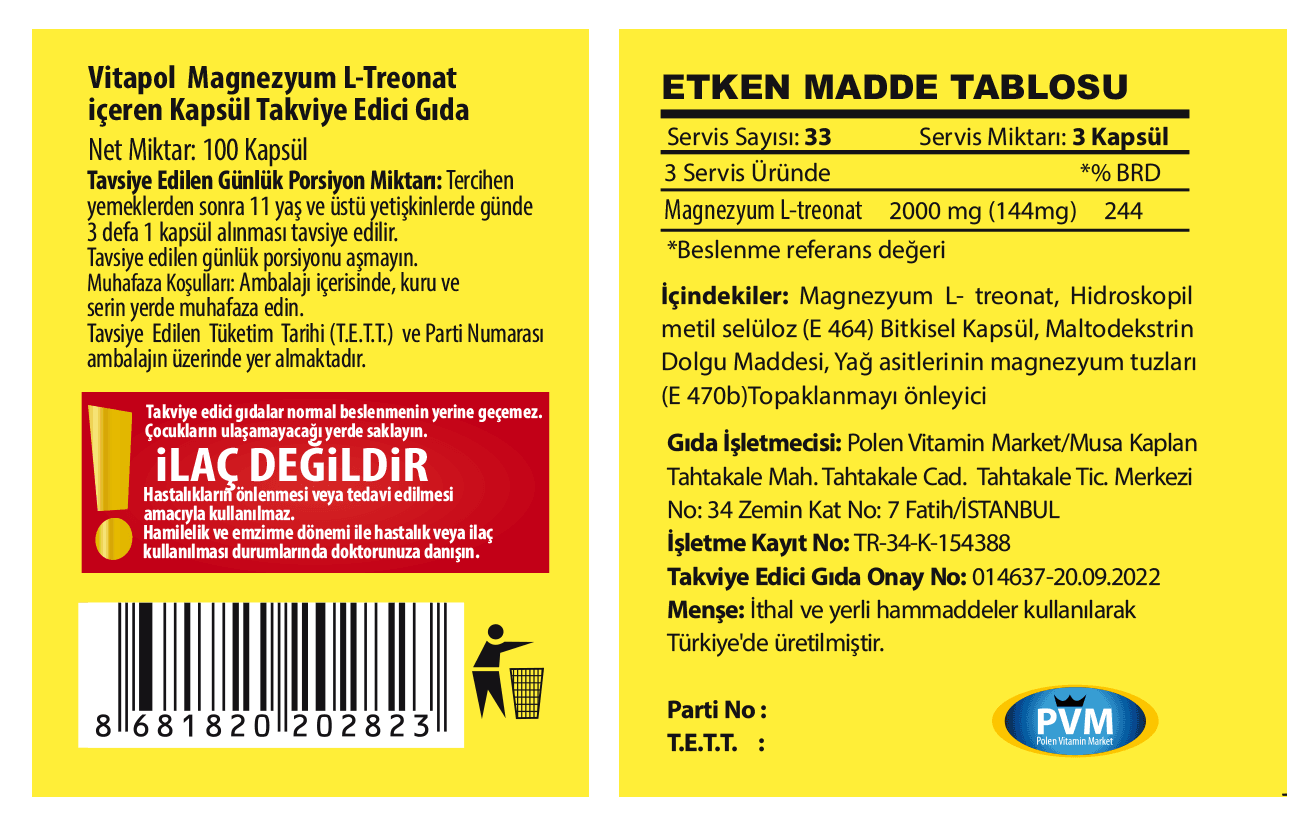 MAGNEZYUM L-TREONAT 2000 MG 100 KAPSÜL