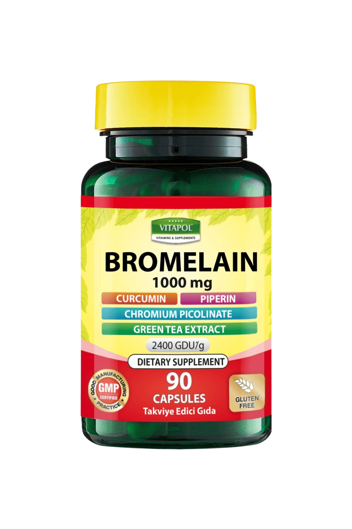 Bromelain 1000Mg 90 Kapsül Curcumin,Piperin,Chromium Picolinate,Yeşil Çay Ekstresi