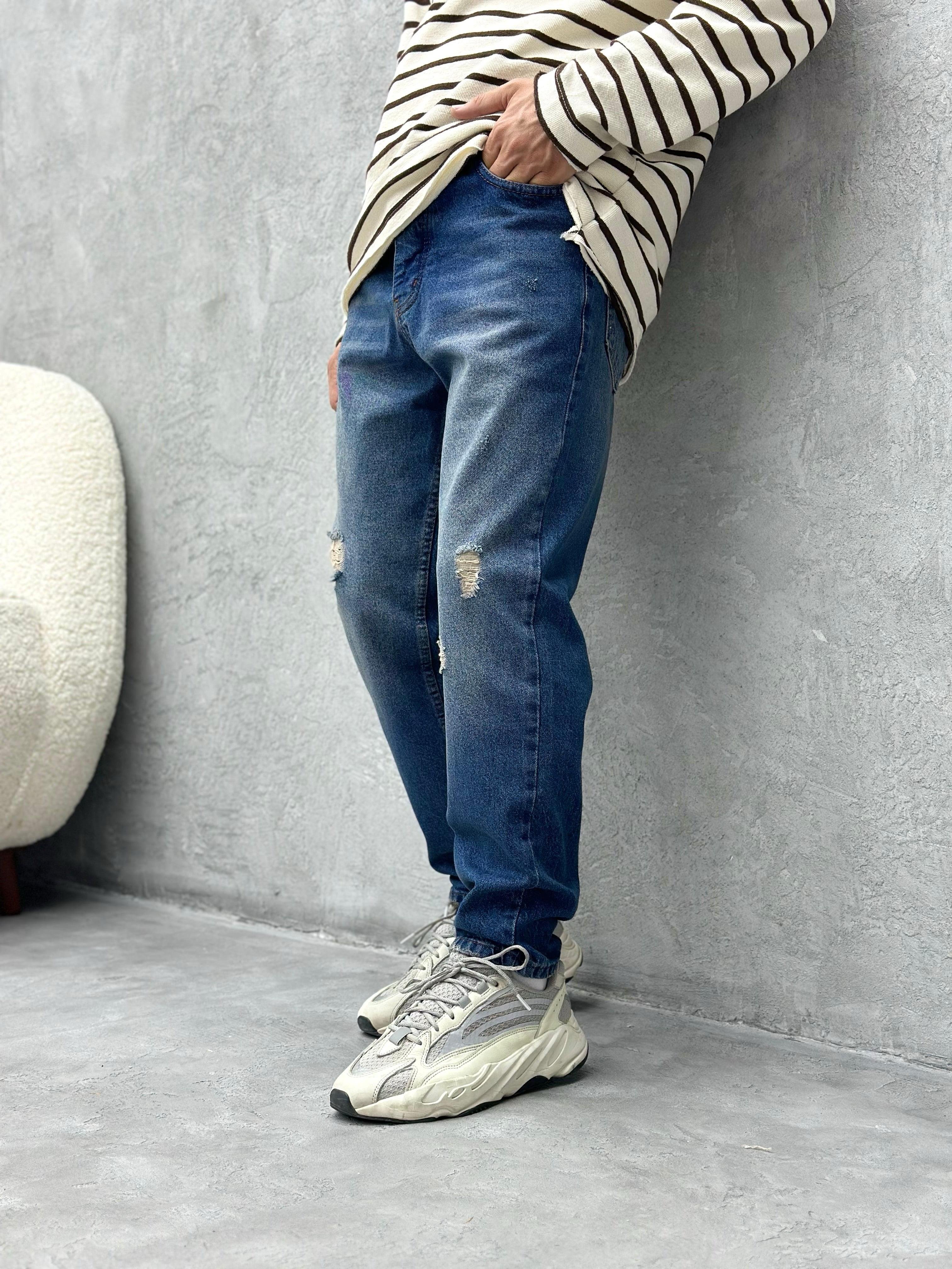 P404 Mavi Yırtıklı Boyfriend Pantolon -K