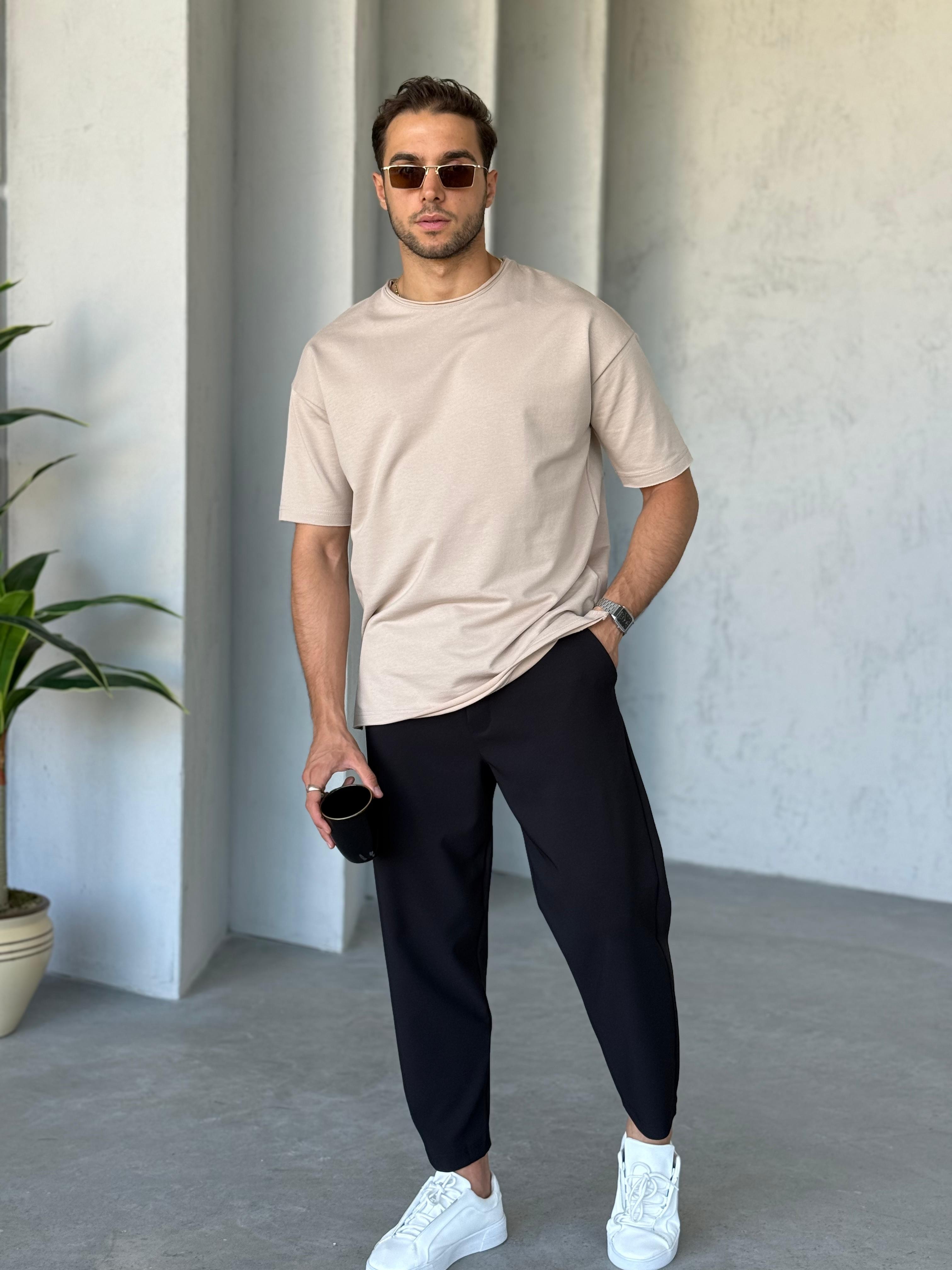 T6662 Yan Yırtmaçlı Oversize T-shirt Bej