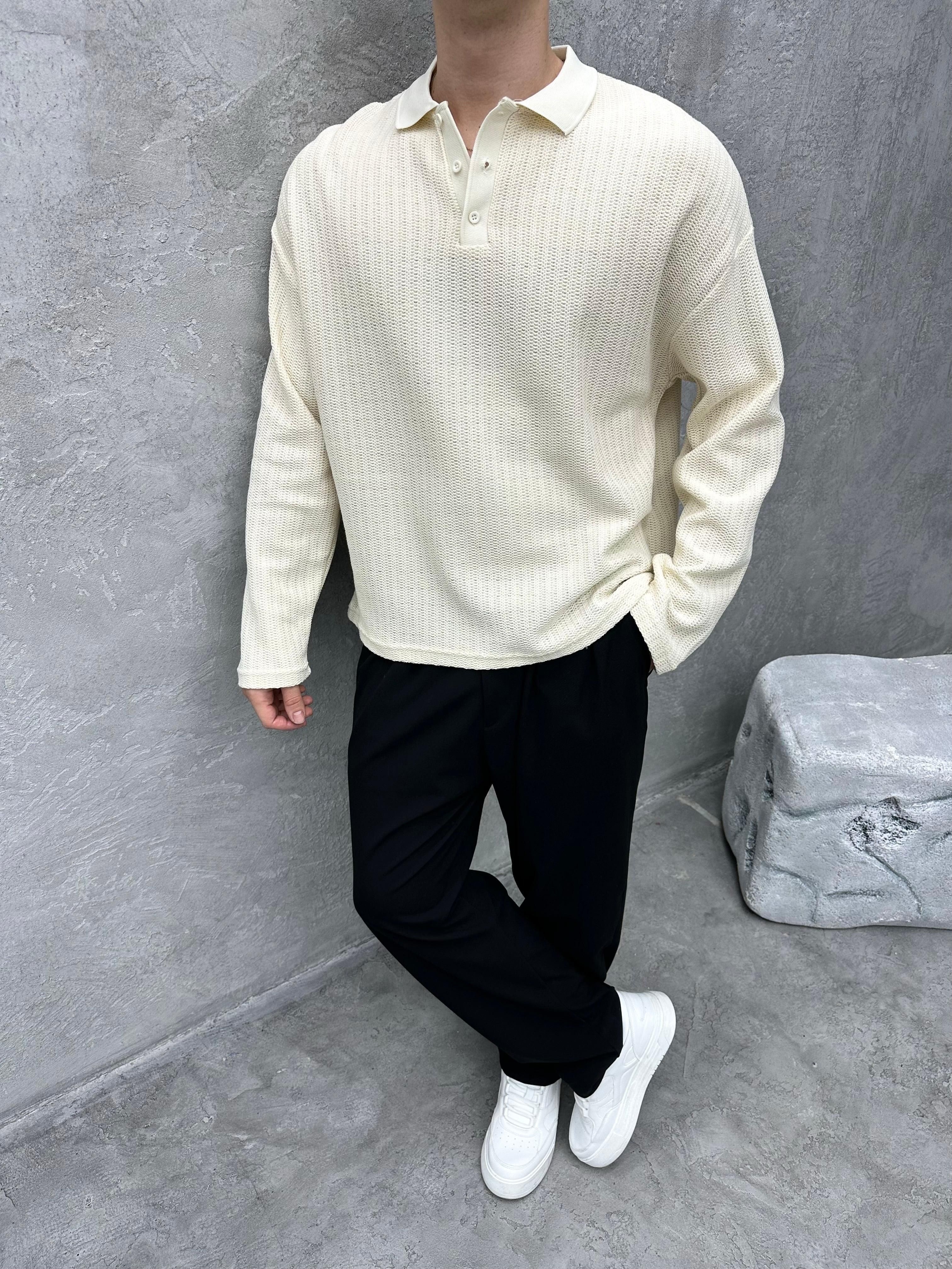 TR1025 POLO YAKA ÖRME TRİKO KREM