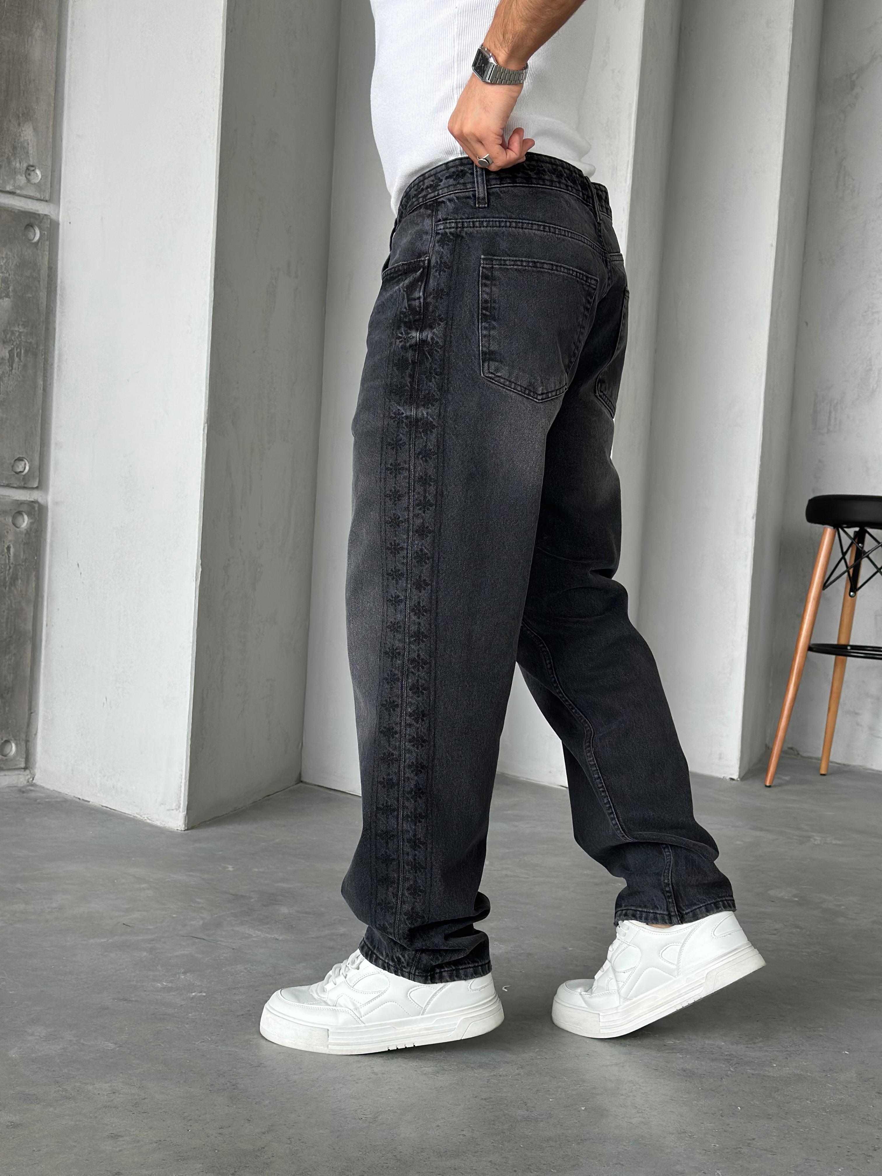 P536 Nakış Detaylı Baggy Pantolon Füme - R