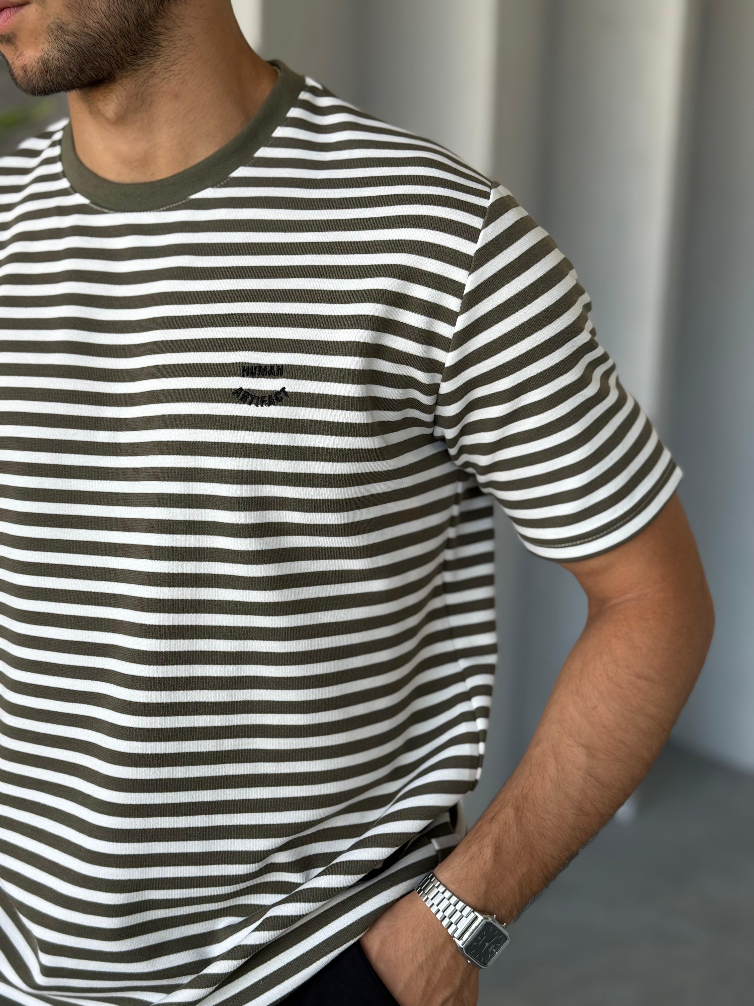 T2526 Çizgili Nakış Detay T-shirt Yeşil-Beyaz