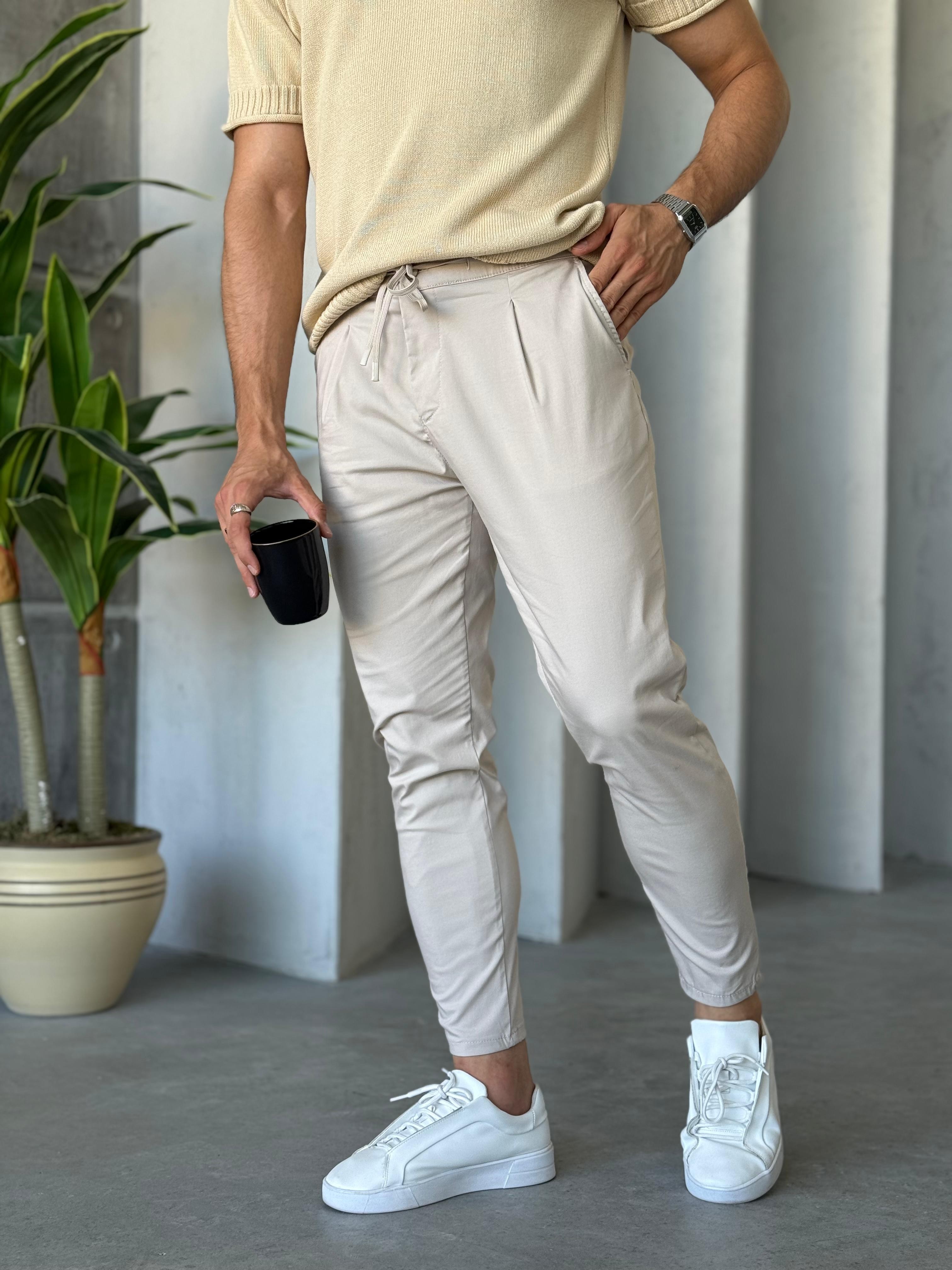 KM8081 İnce Gabardin Regular Kalıp Pileli Jogger Taş