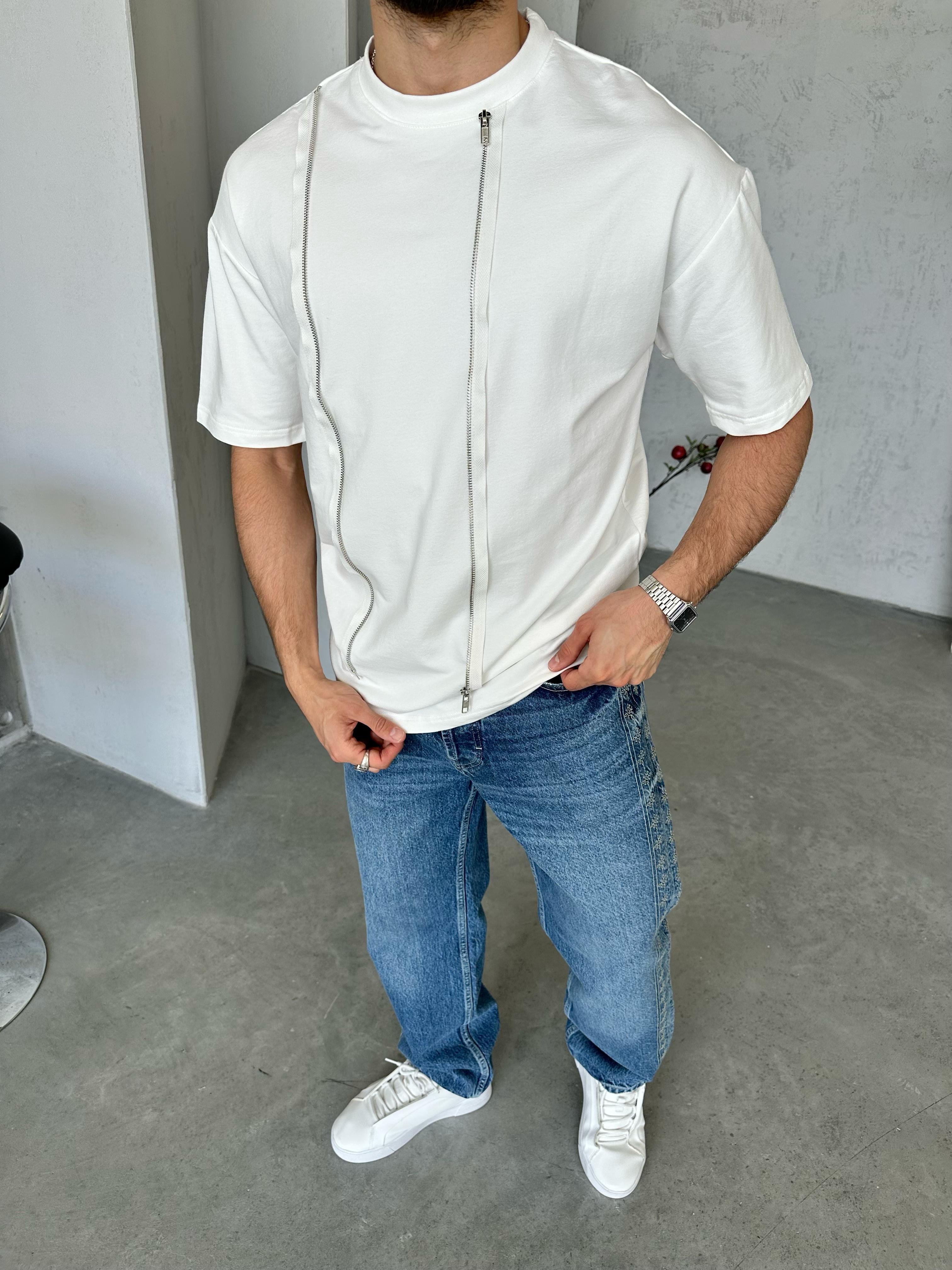 T505 Fermuar Detaylı Tasarım T-shirt Beyaz