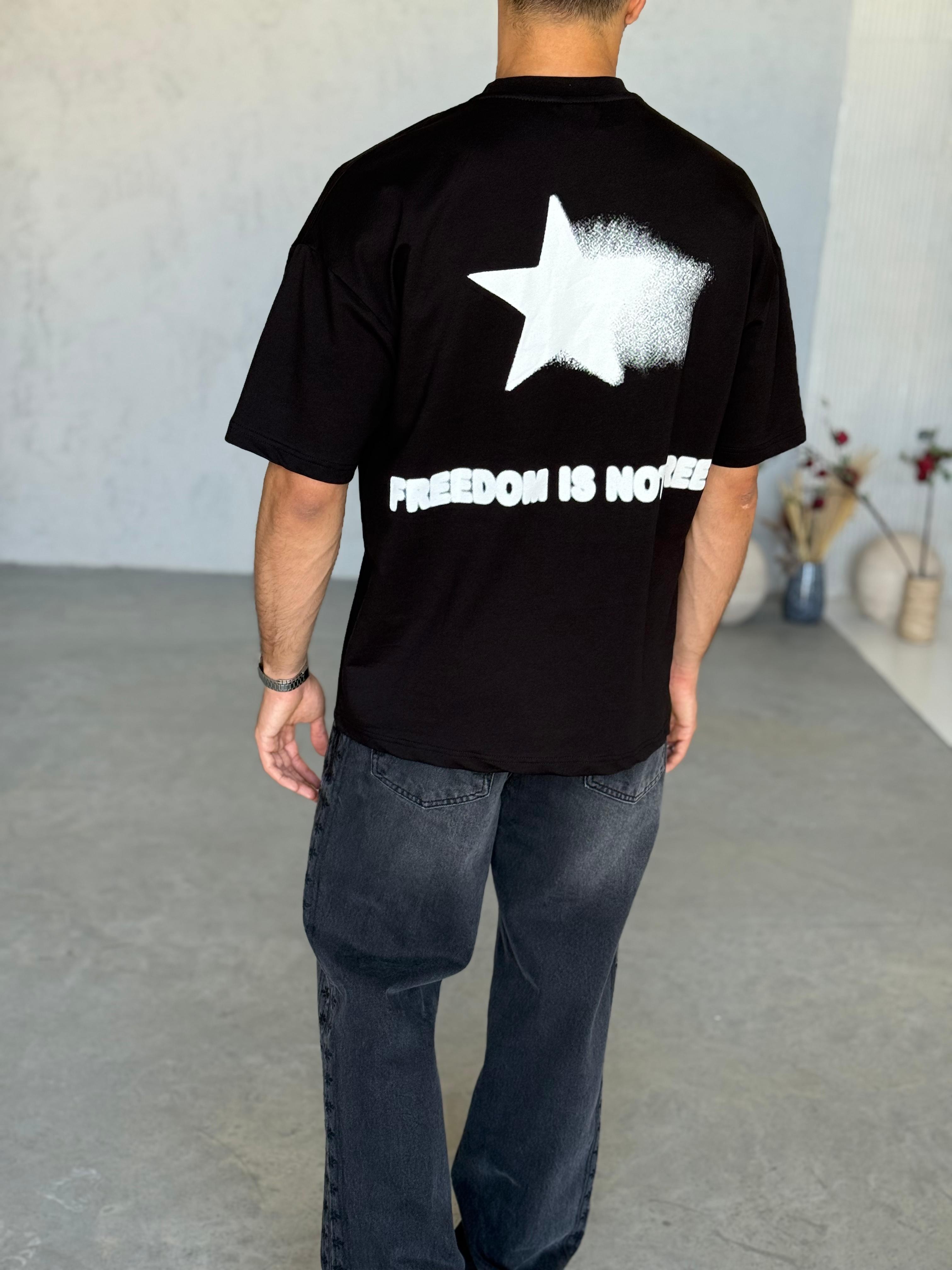 T6011 Yıldız Baskılı Yıkamalı Oversize T-shirt Siyah