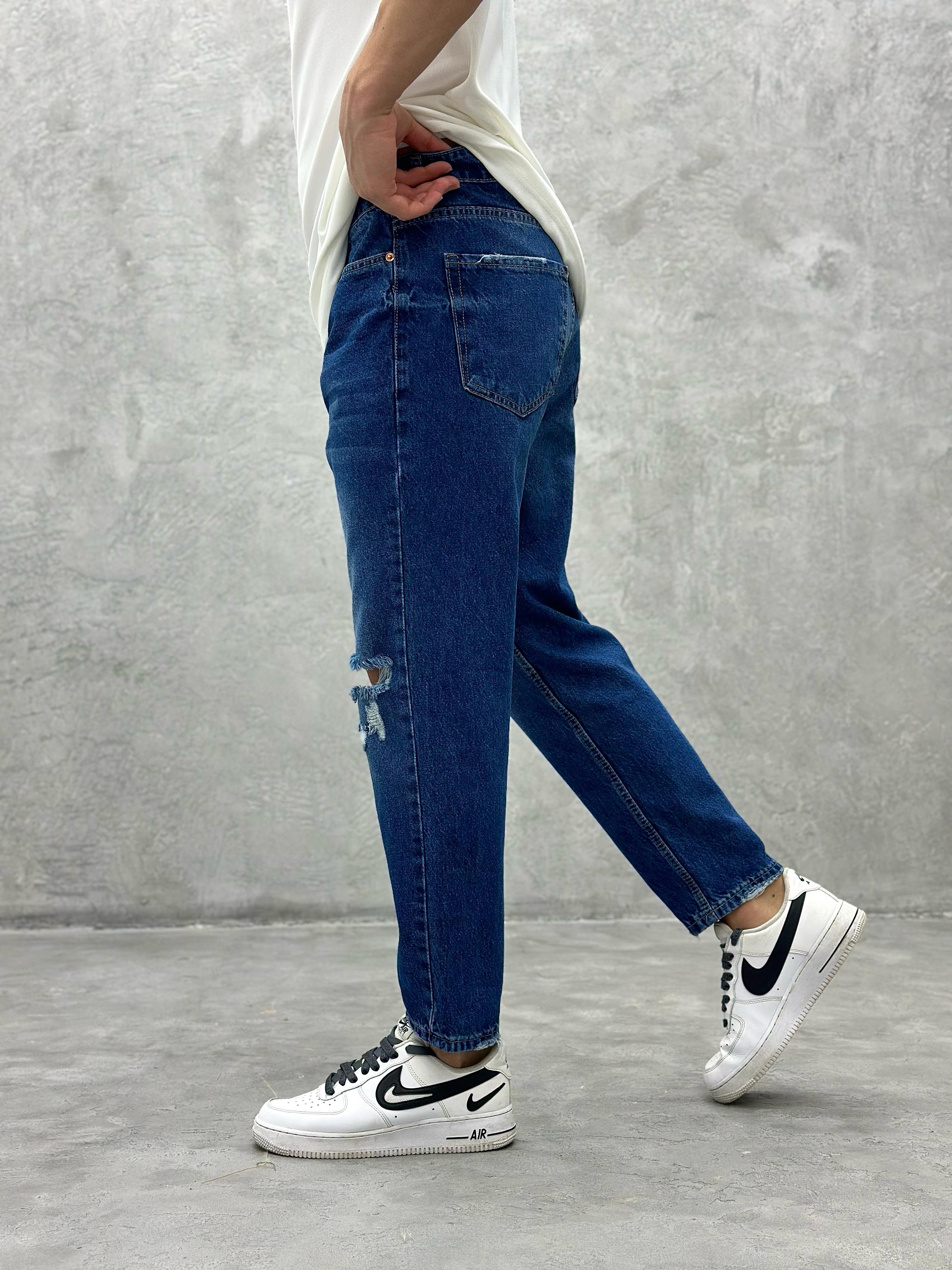 P419 Diz Yırtık Mavi Boyfriend Pantolon