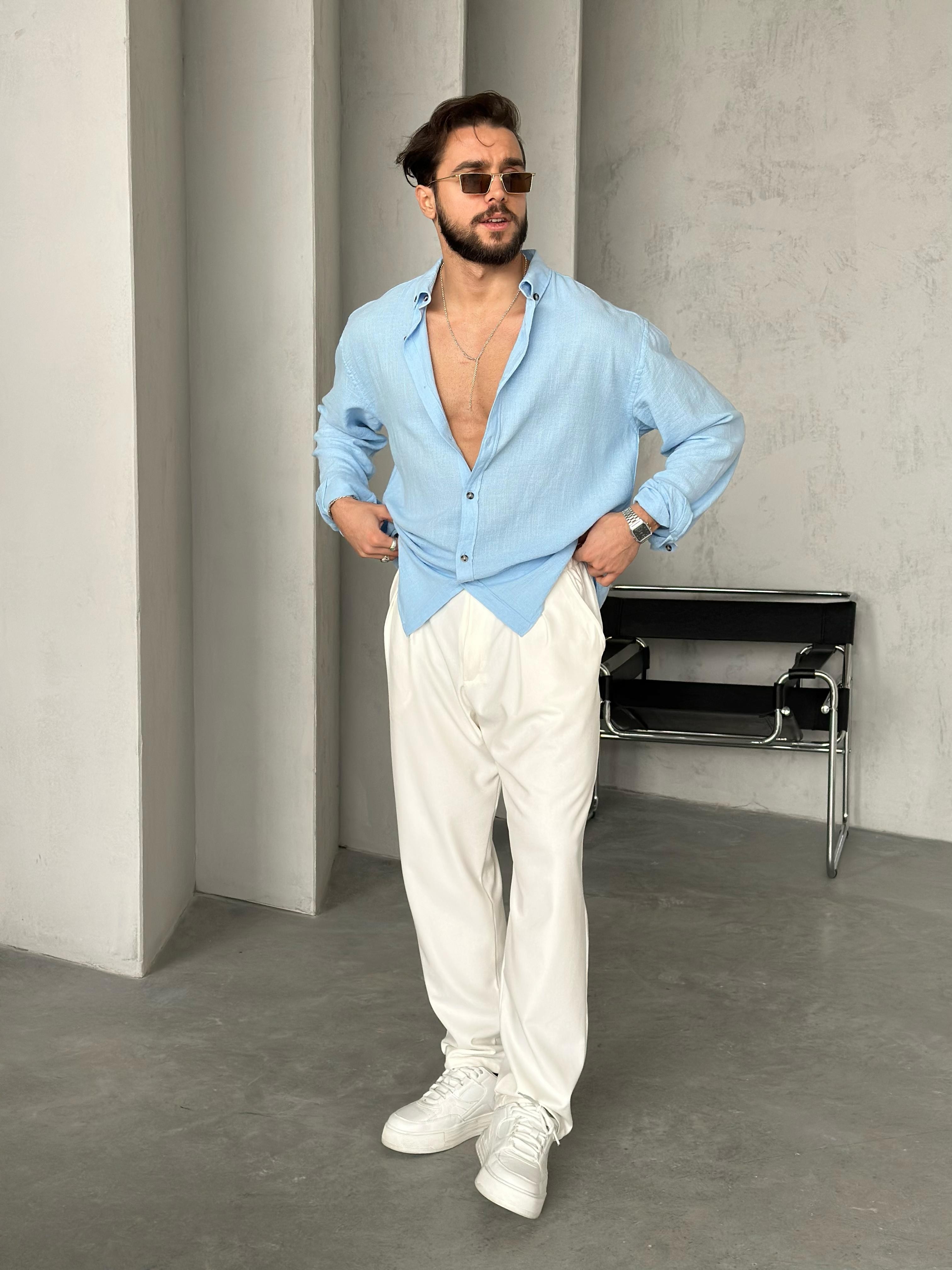 Pamuk Keten Oversize Gömlek Bebe Mavisi