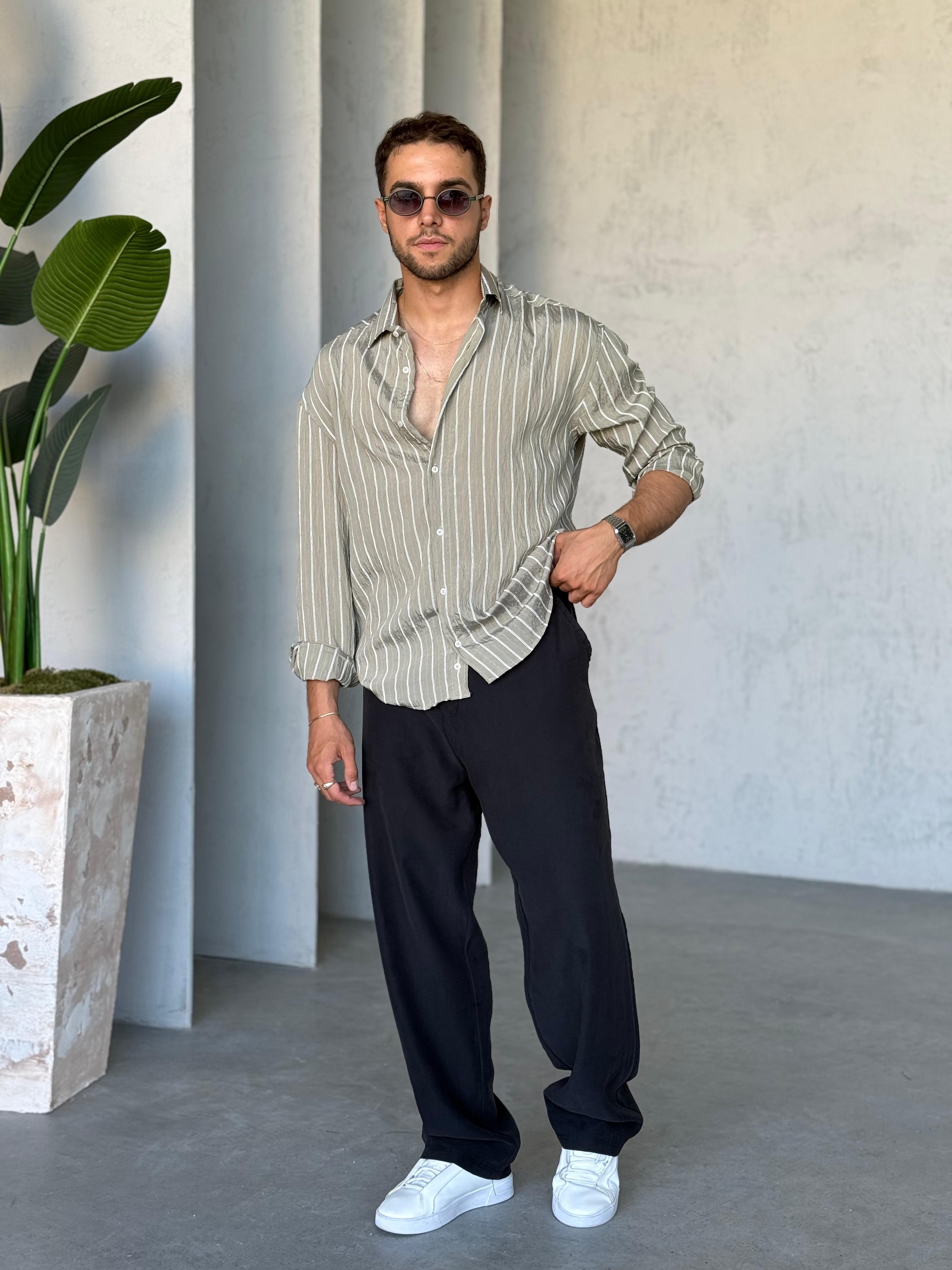 GM20 Çizgili Oversize Gofre Gömlek Mint Beyaz Çizgili