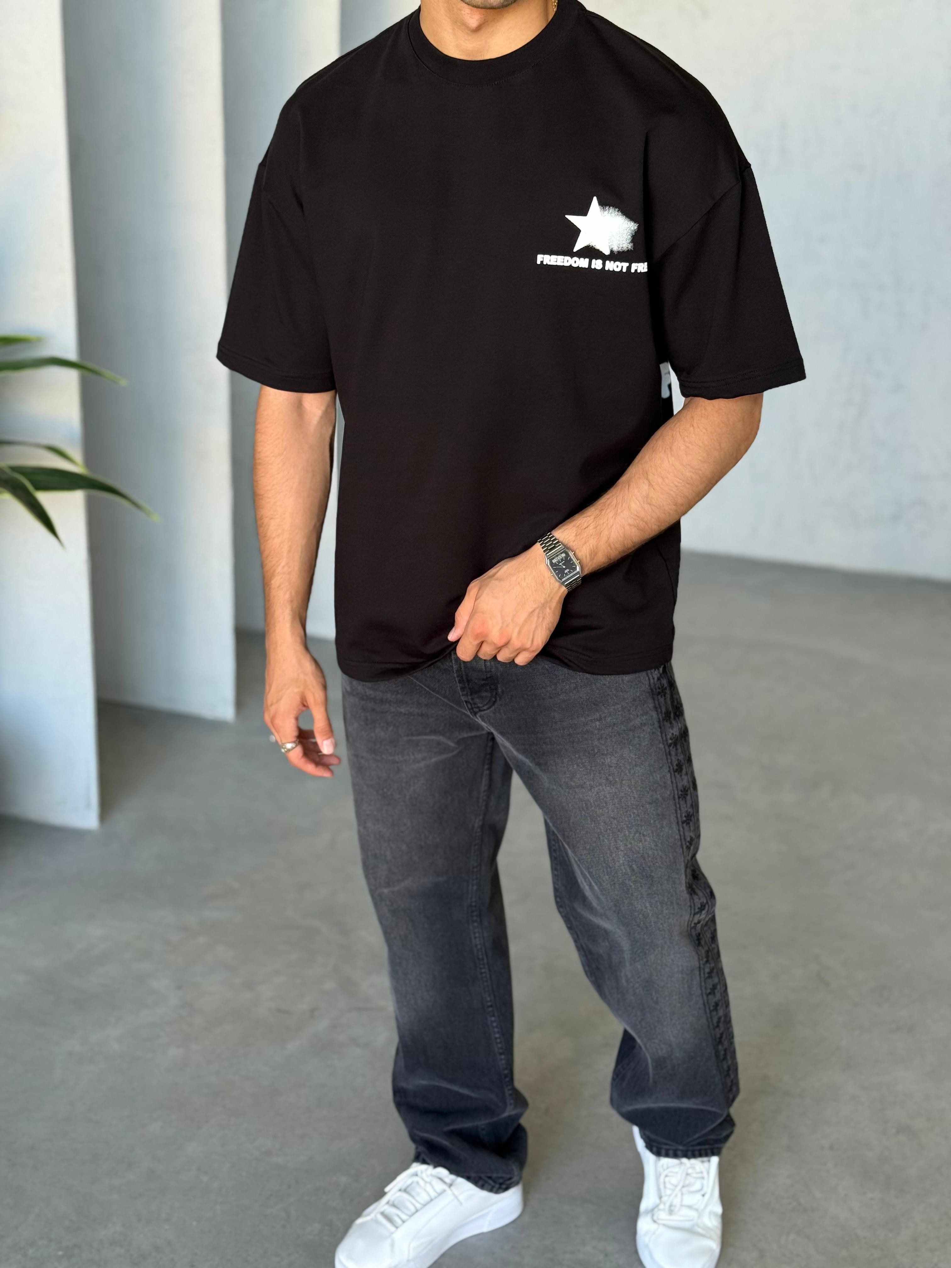 T6011 Yıldız Baskılı Yıkamalı Oversize T-shirt Siyah