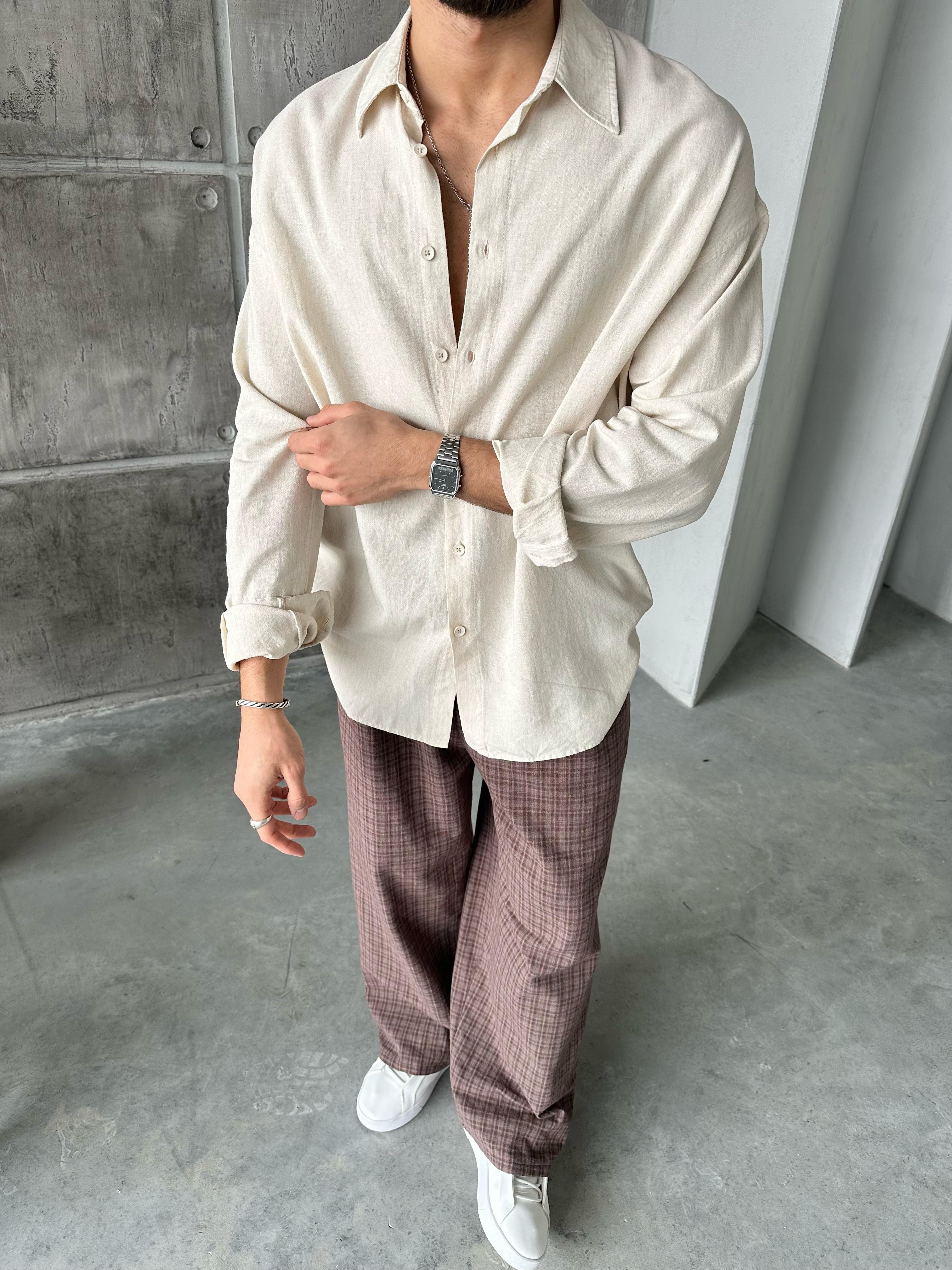 Gies Kumaş Oversize Keten Gömlek Bej