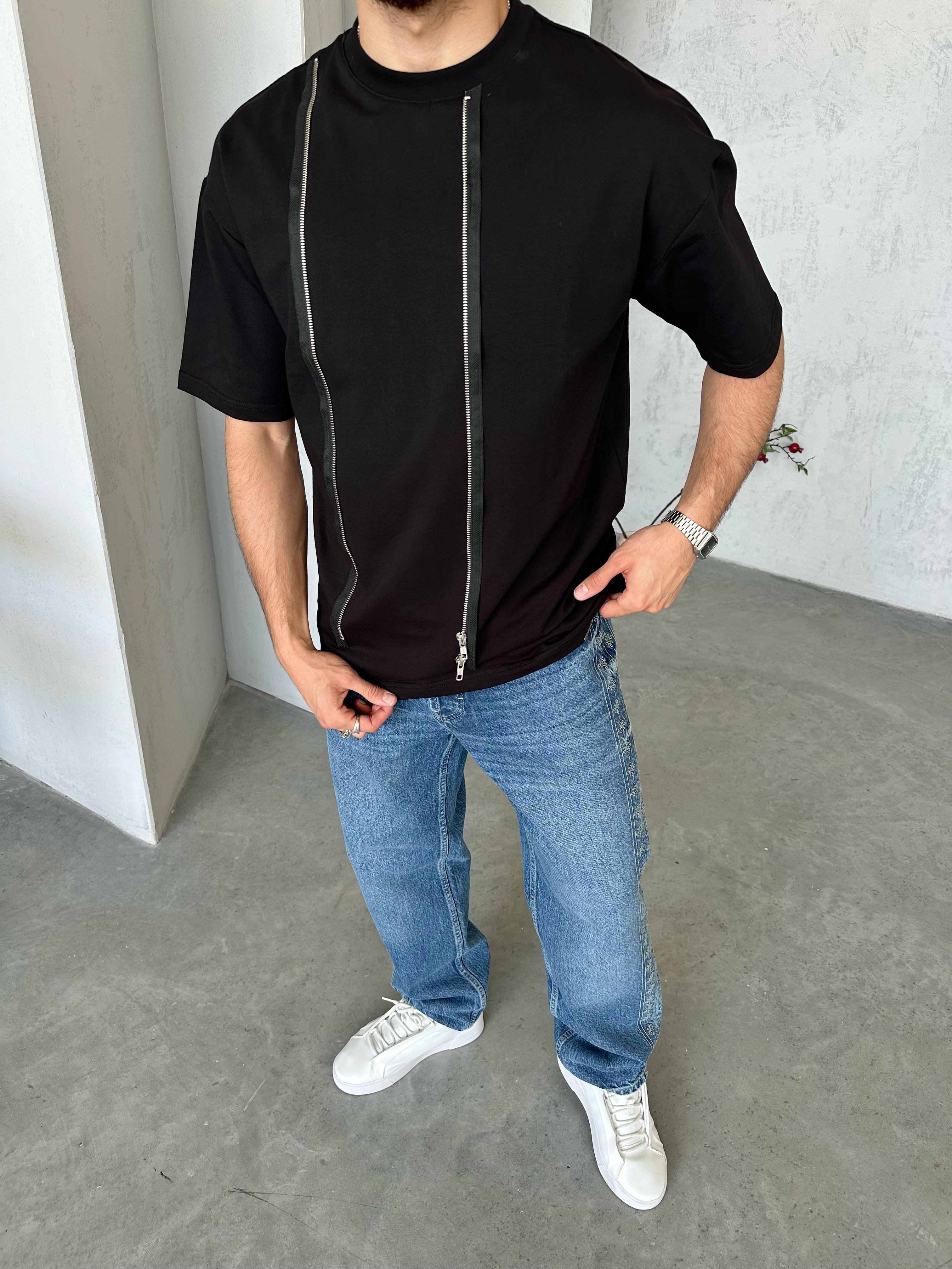 T504 Fermuar Detaylı Tasarım T-shirt Siyah