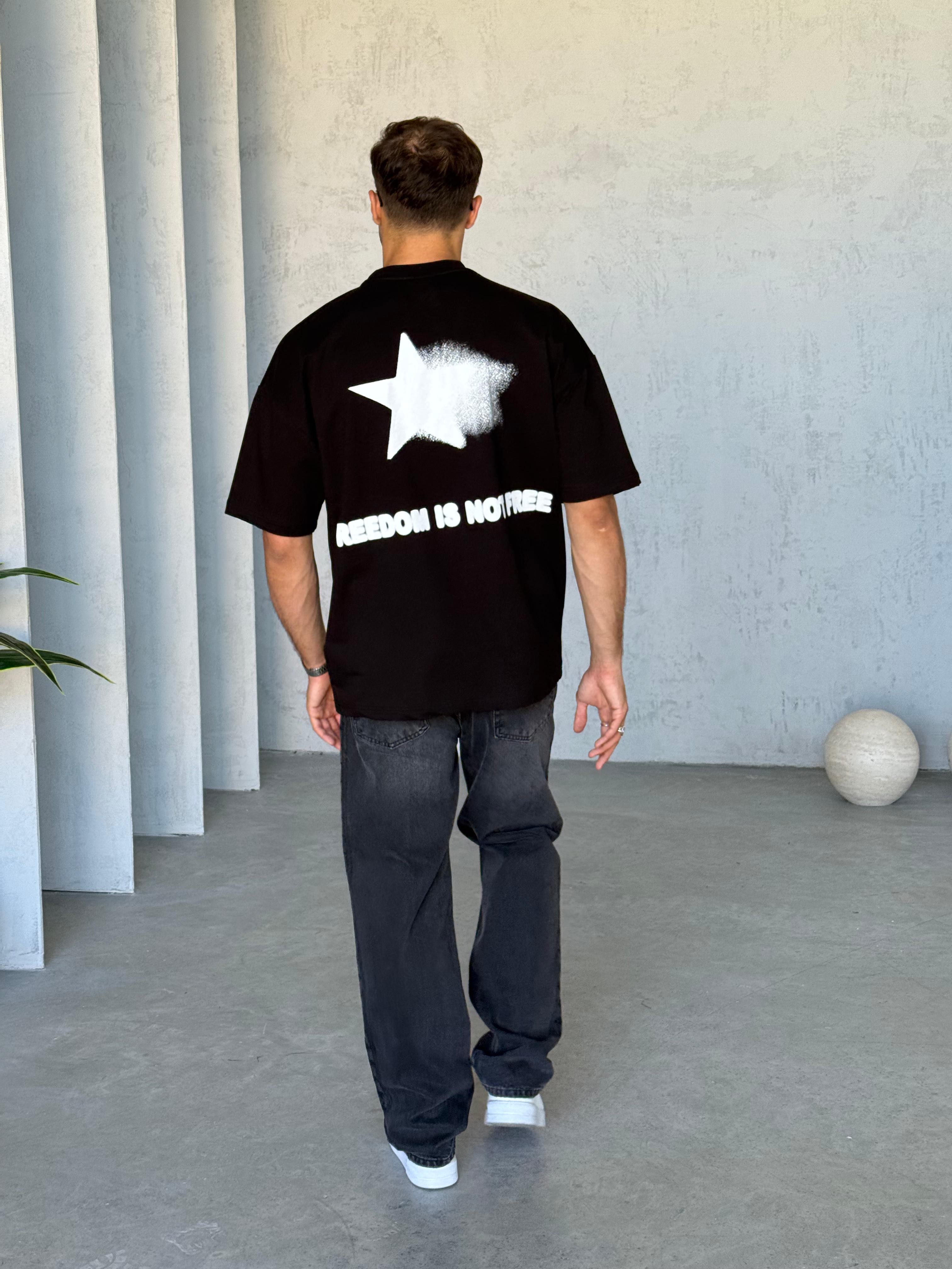 T6011 Yıldız Baskılı Yıkamalı Oversize T-shirt Siyah