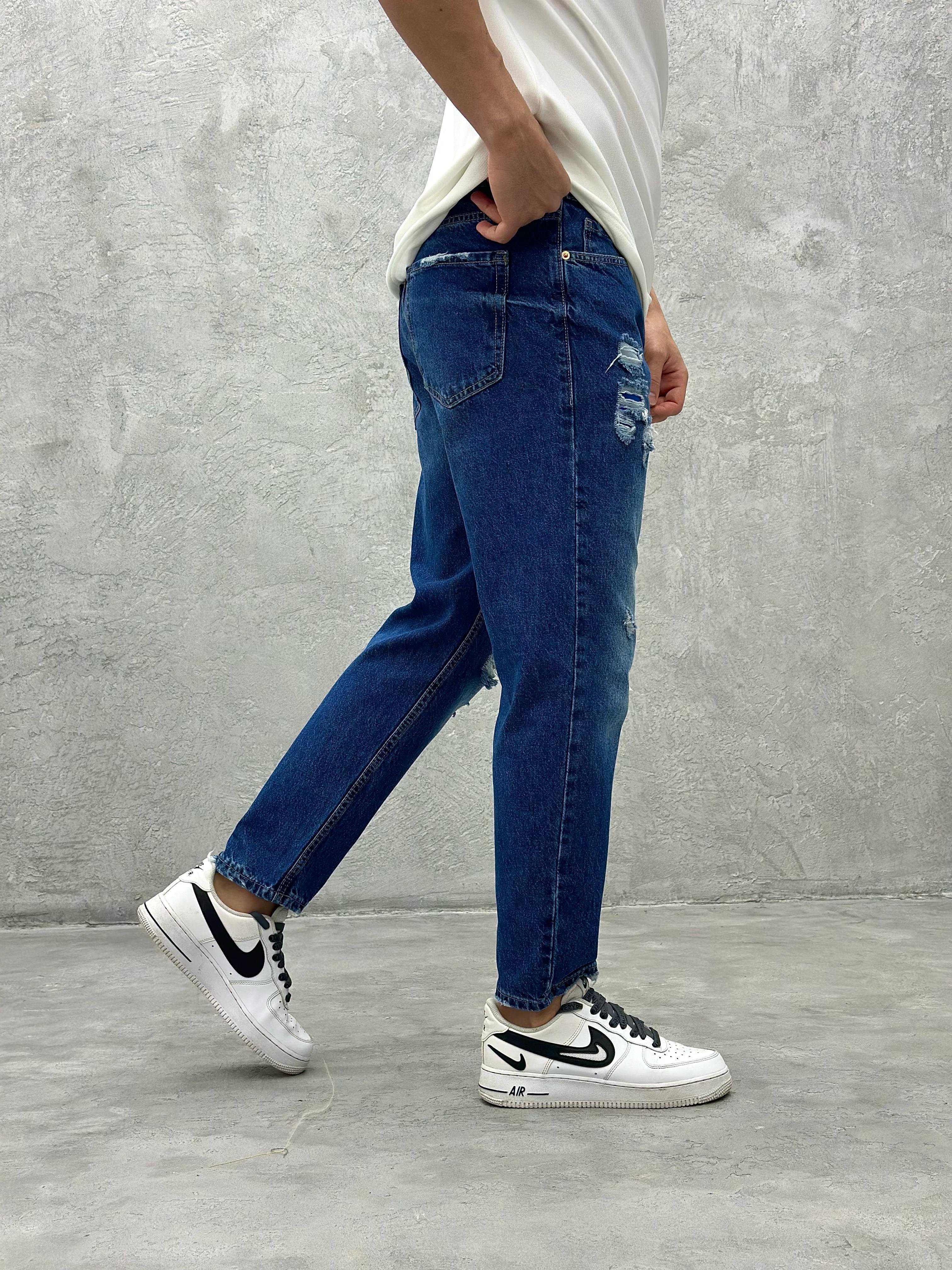 P419 Diz Yırtık Mavi Boyfriend Pantolon