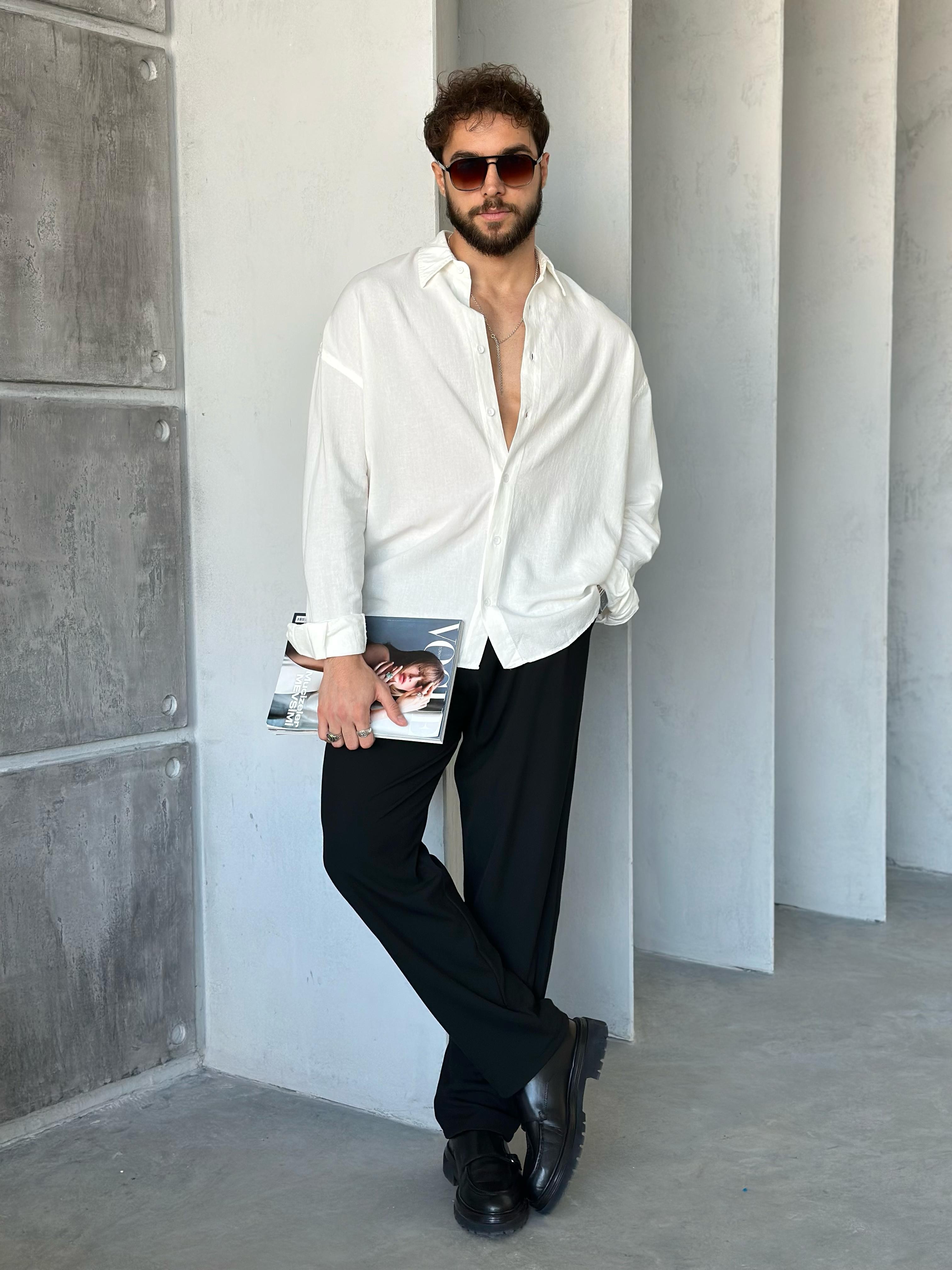 Gies Kumaş Oversize Keten Gömlek Beyaz