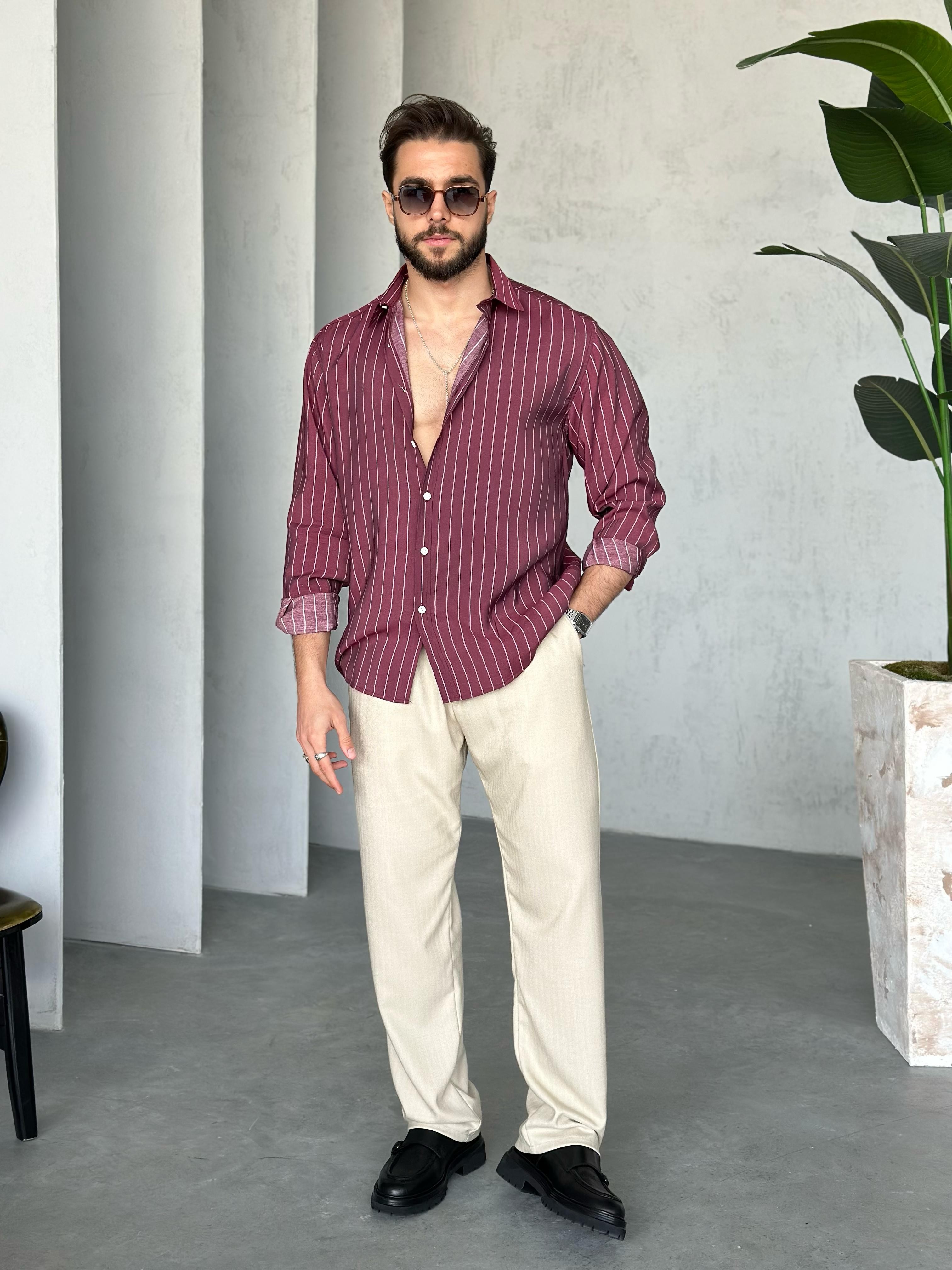 Oversize Çizgili Modal Gömlek Bordo