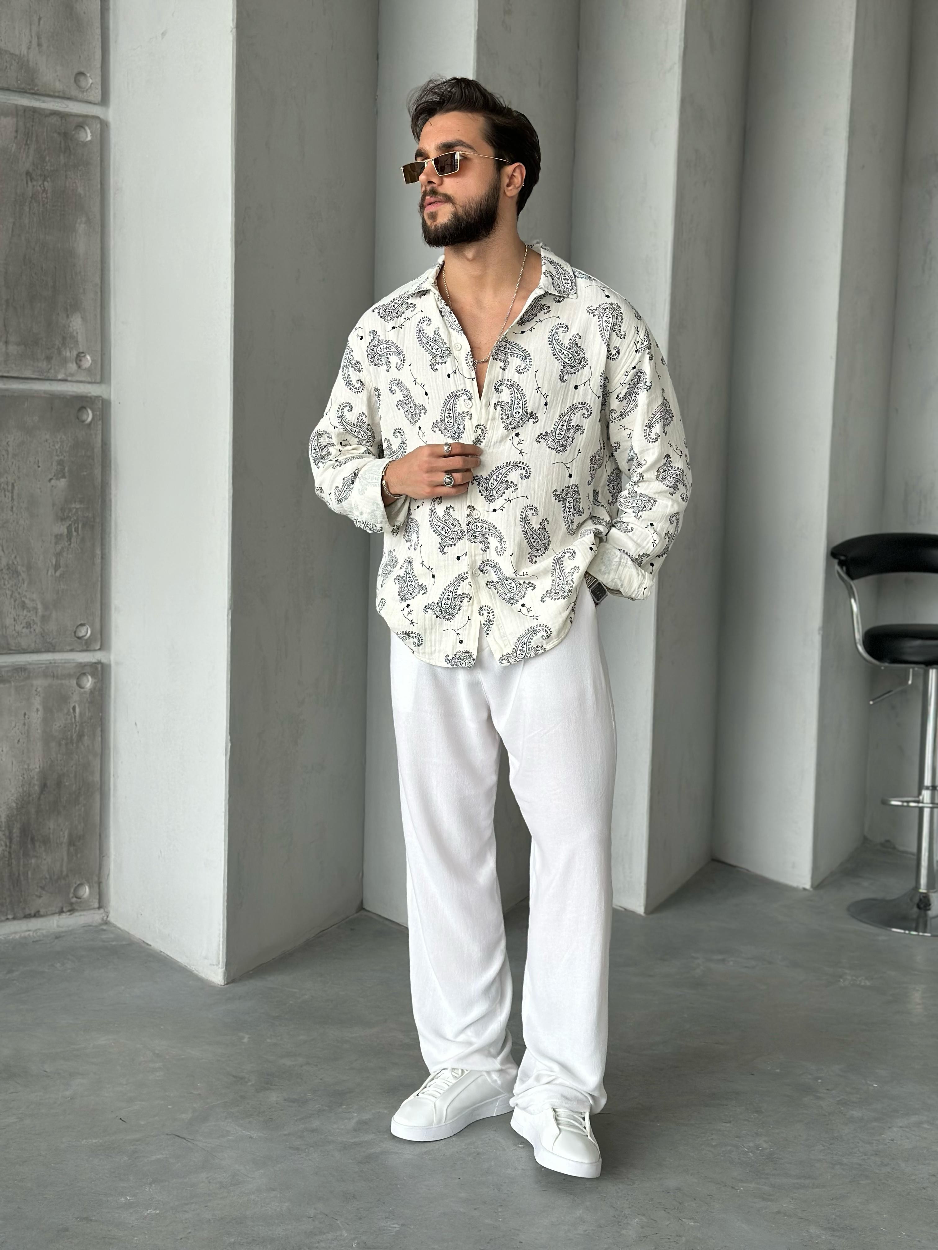 Oversize Desenli Müslin Gömlek Ekru Lacivert
