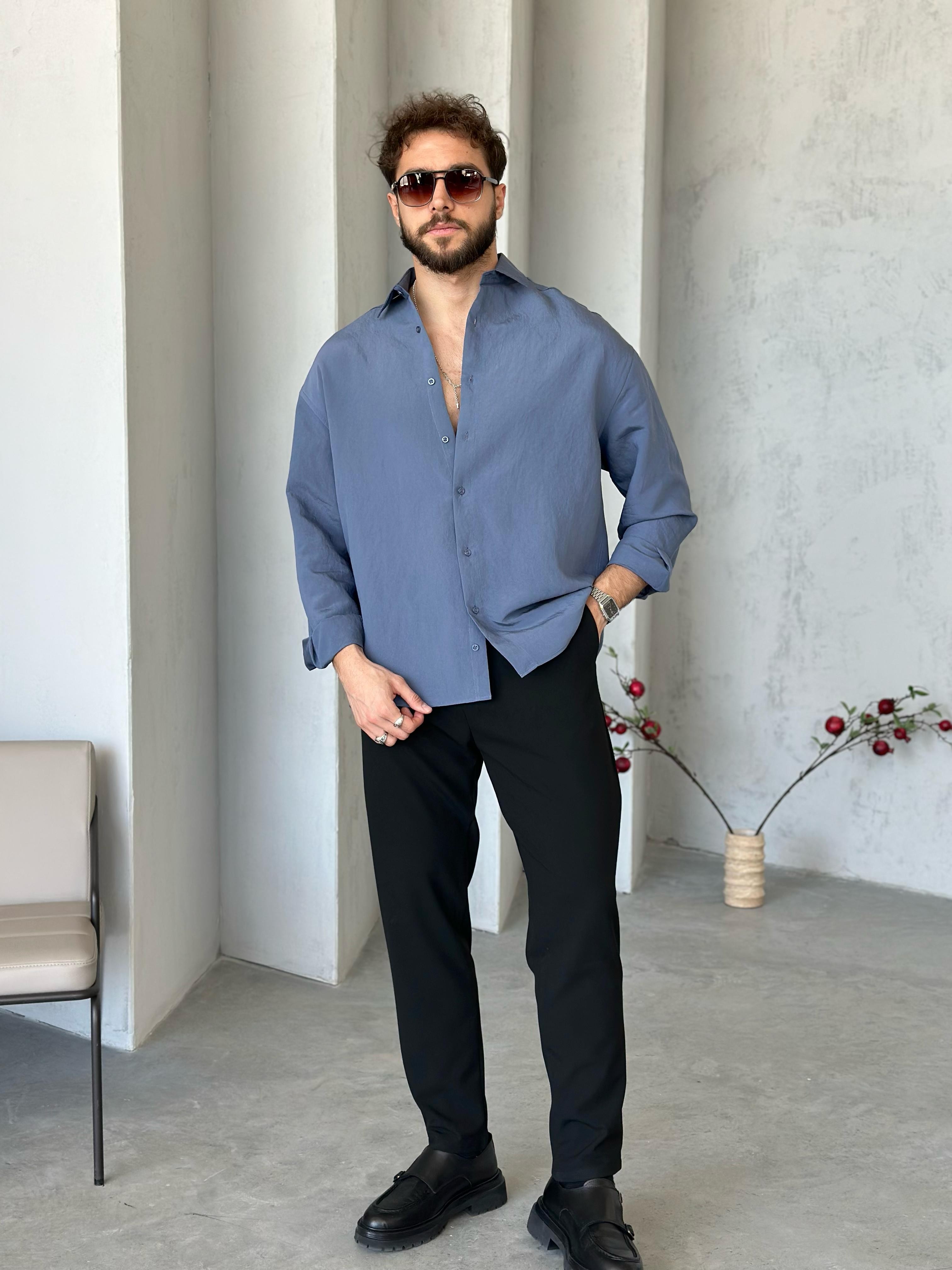 GM4601 Modal Kumaş Basic Oversize Gömlek İndigo