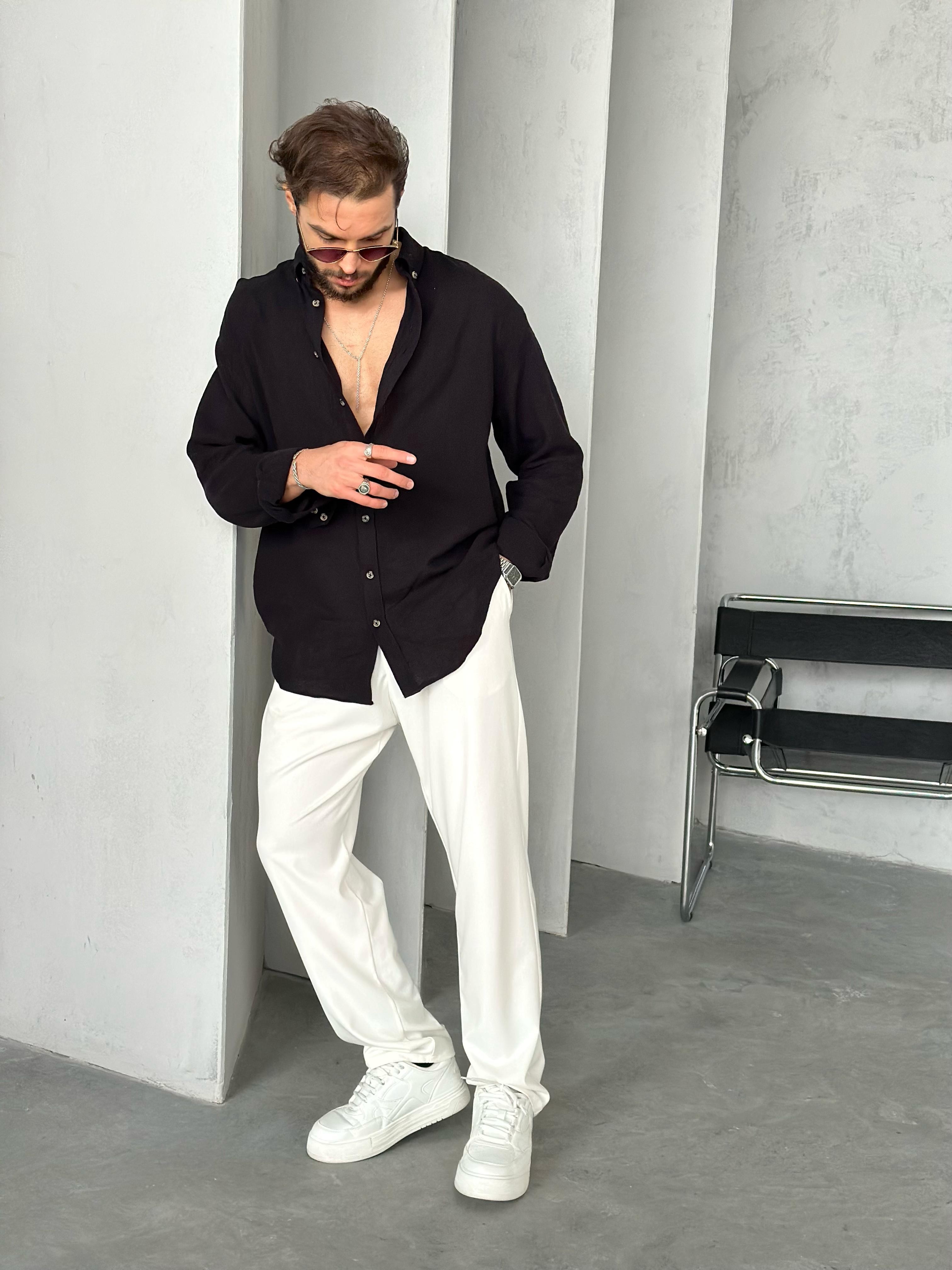 Pamuk Keten Oversize Gömlek Siyah
