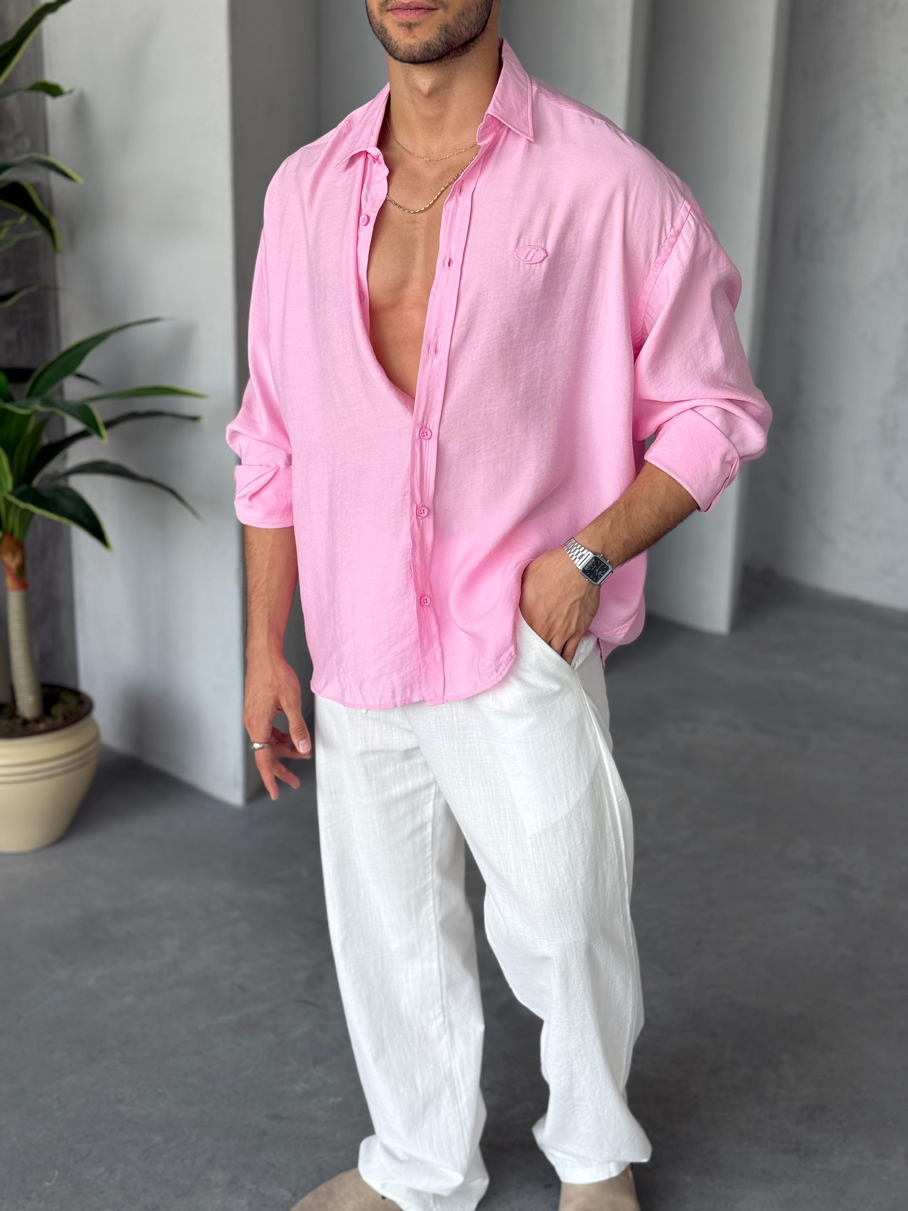 GM3021 Modal Kumaş Oversize Gömlek Pembe