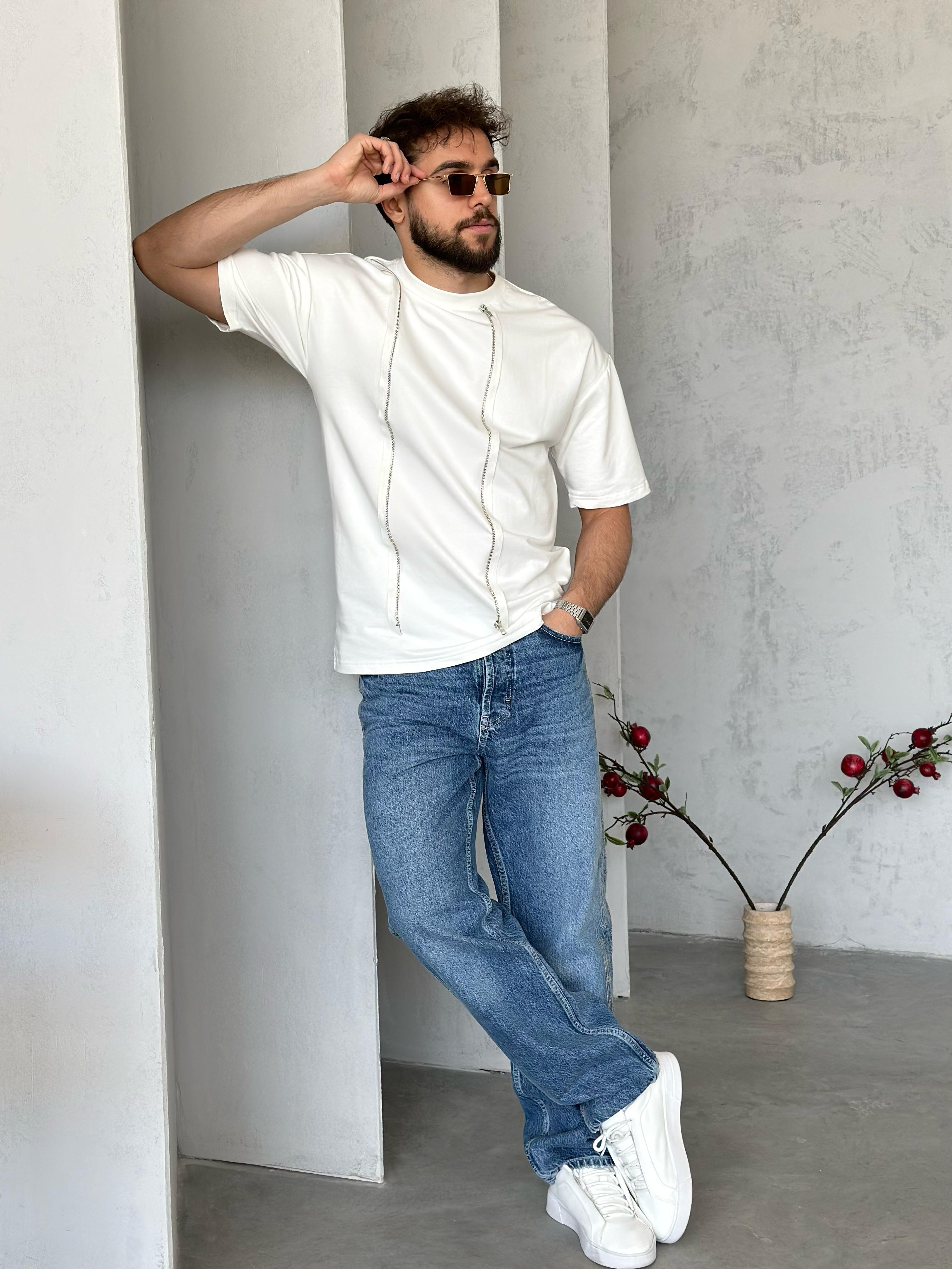 T505 Fermuar Detaylı Tasarım T-shirt Beyaz