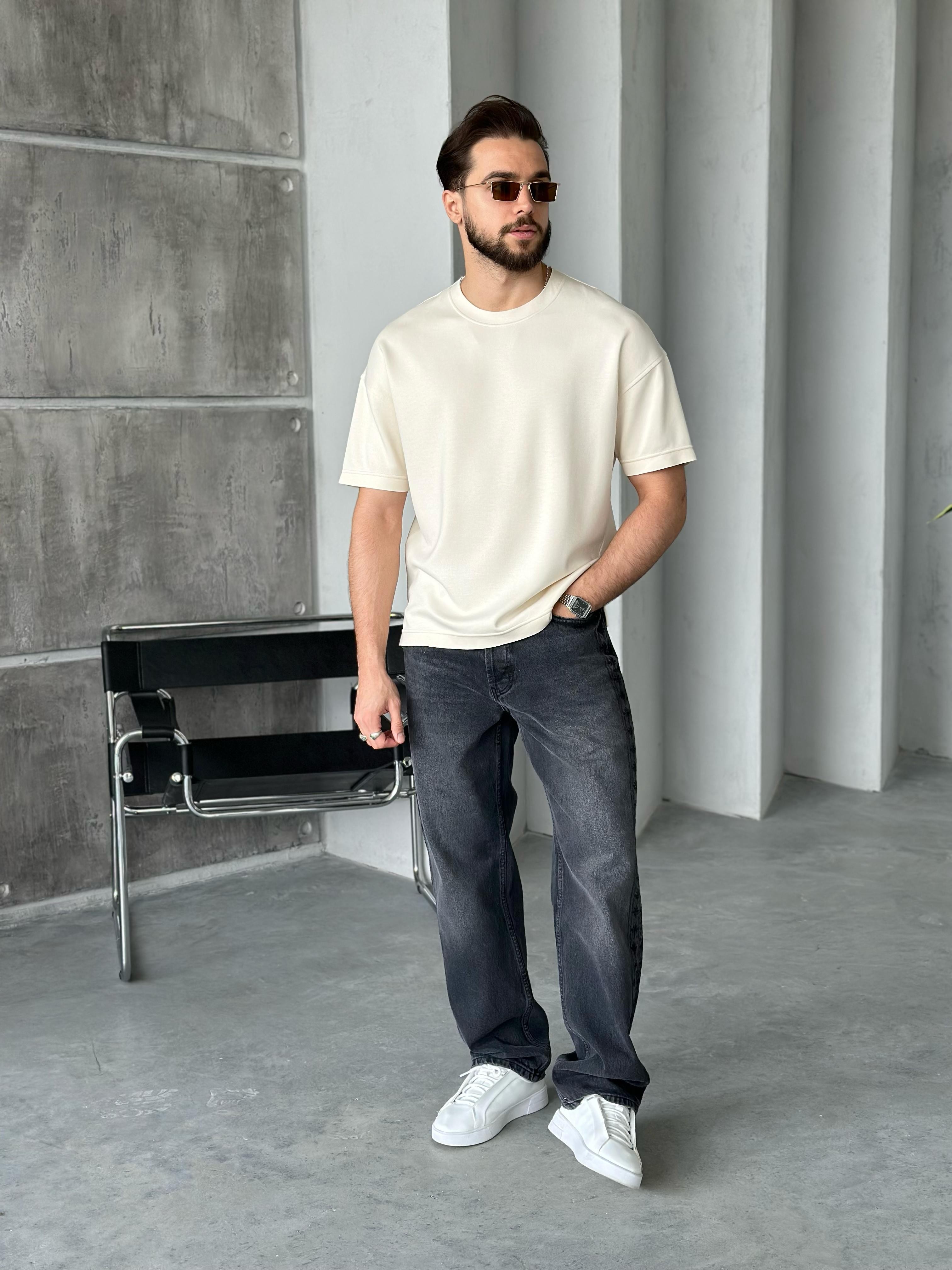 T109 Modal Kumaş Oversize T-shirt Krem