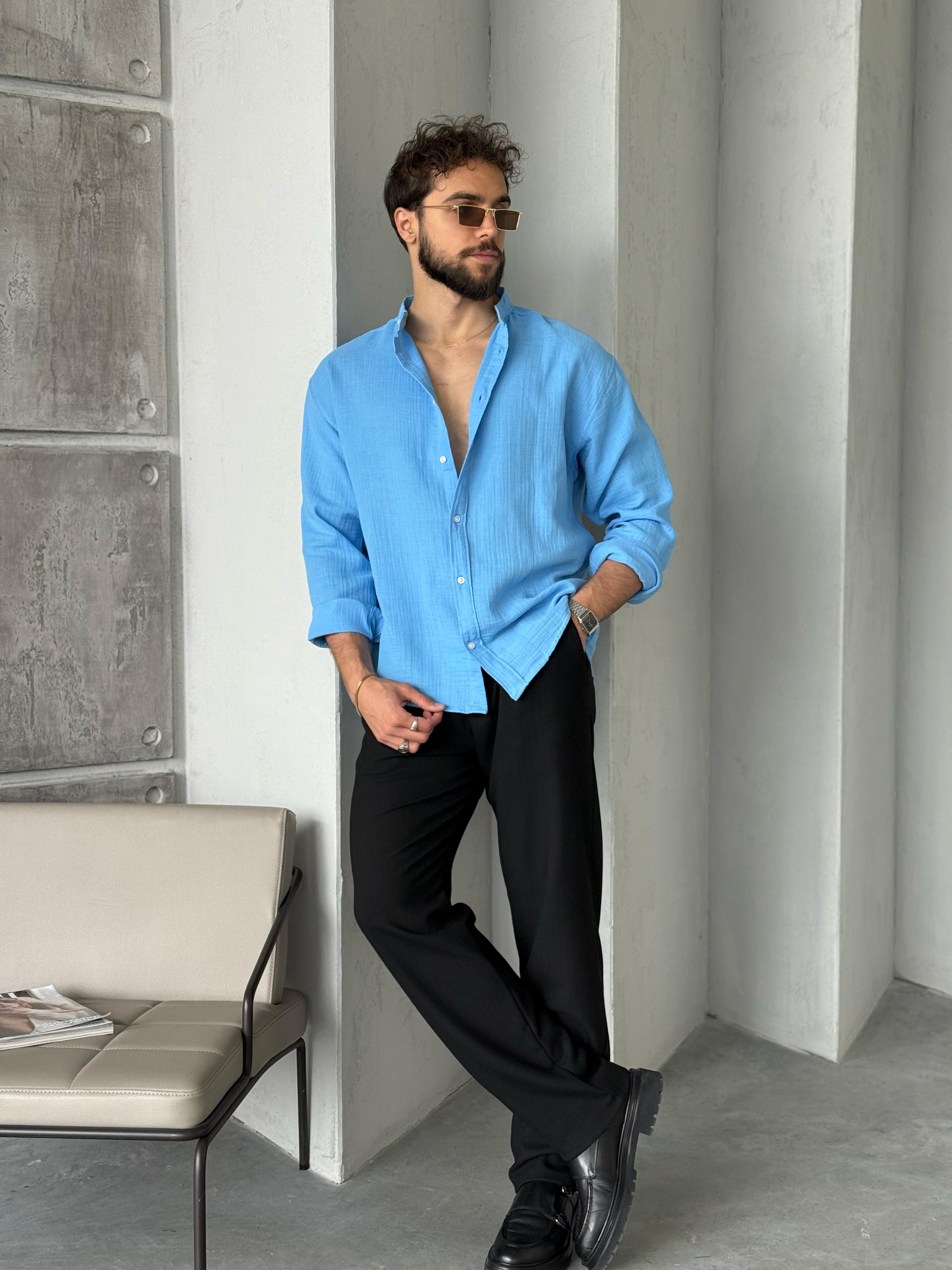 GM1555 Hakim Yaka Kırinkıl Gömlek Mavi V.