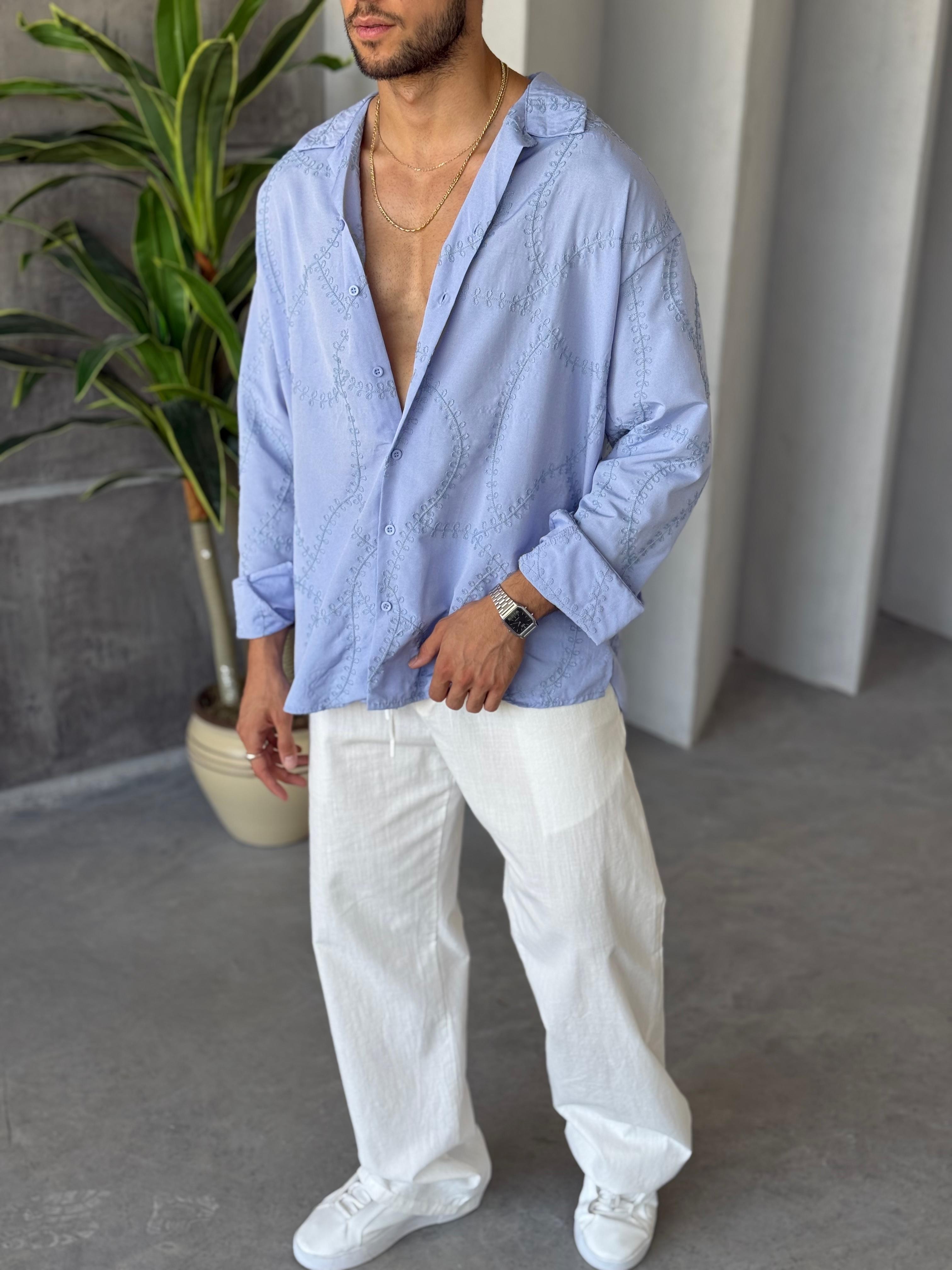 GM1093 Nakış Detaylı Oversize Gömlek Bebe Mavi