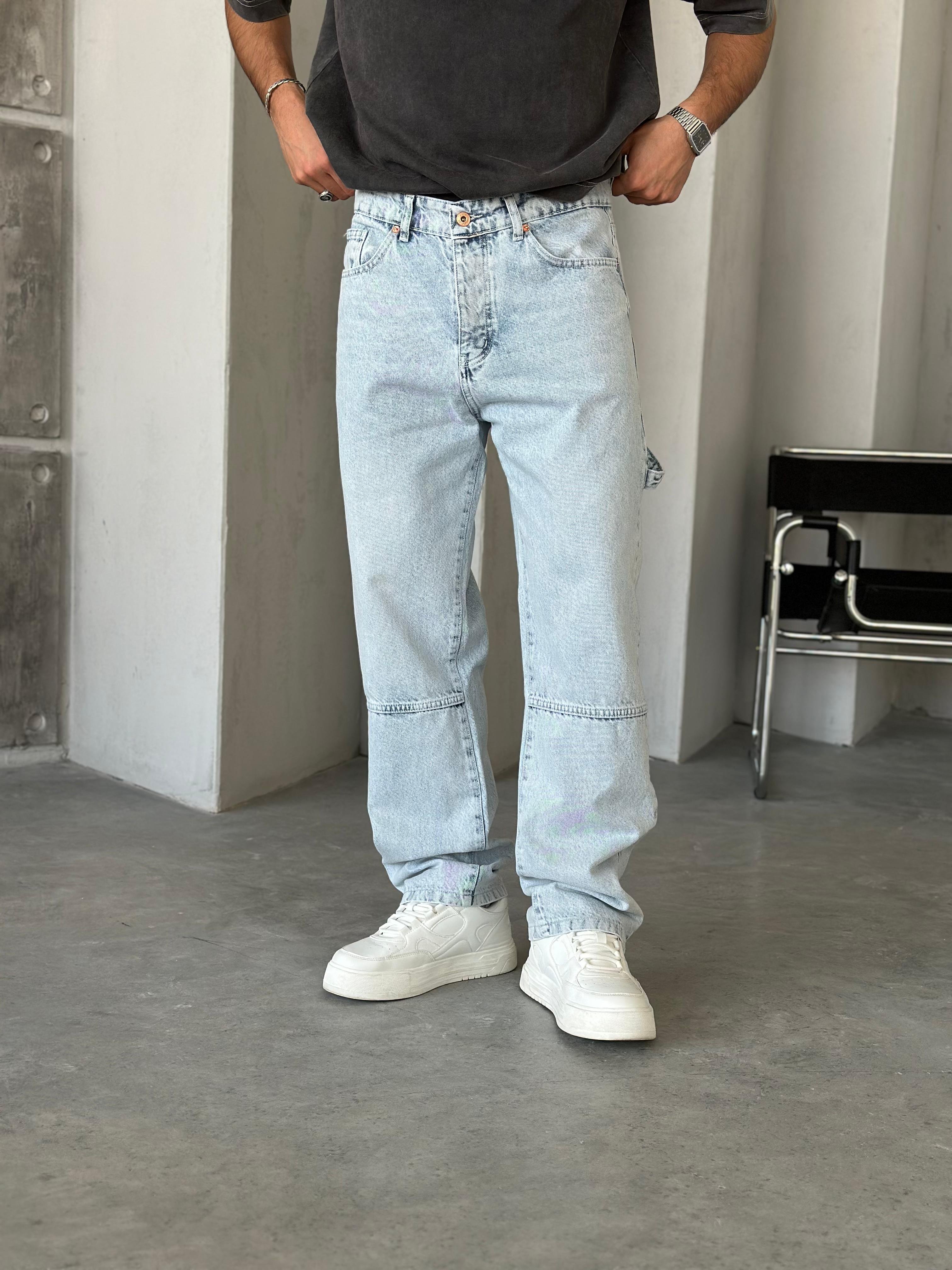 P527 Yıkamalı Mavi Modern Tasarım Paça Fermuar Detaylı Baggy Pantolon - W