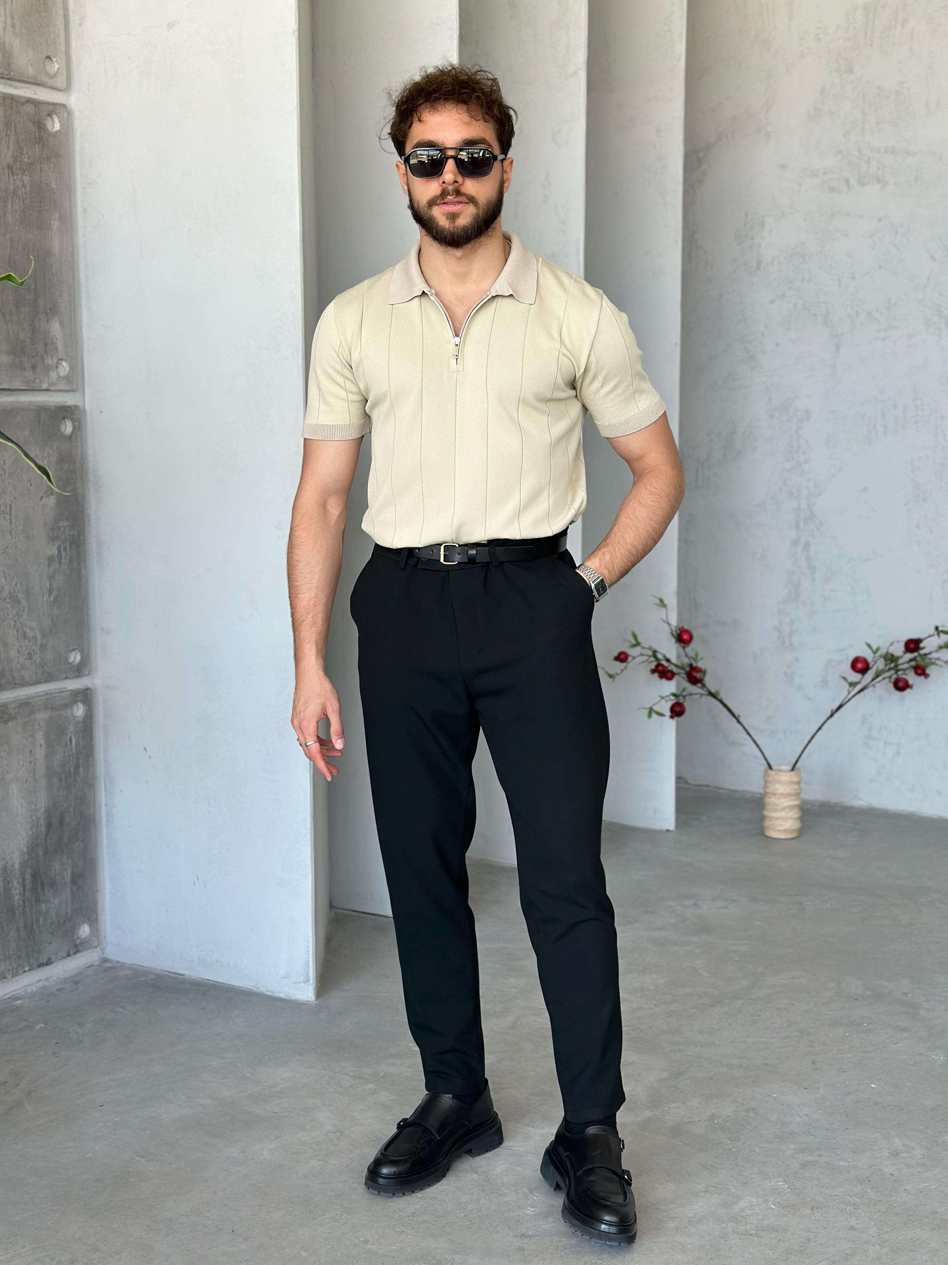 TR1302 Çizgili polo yaka triko Bej