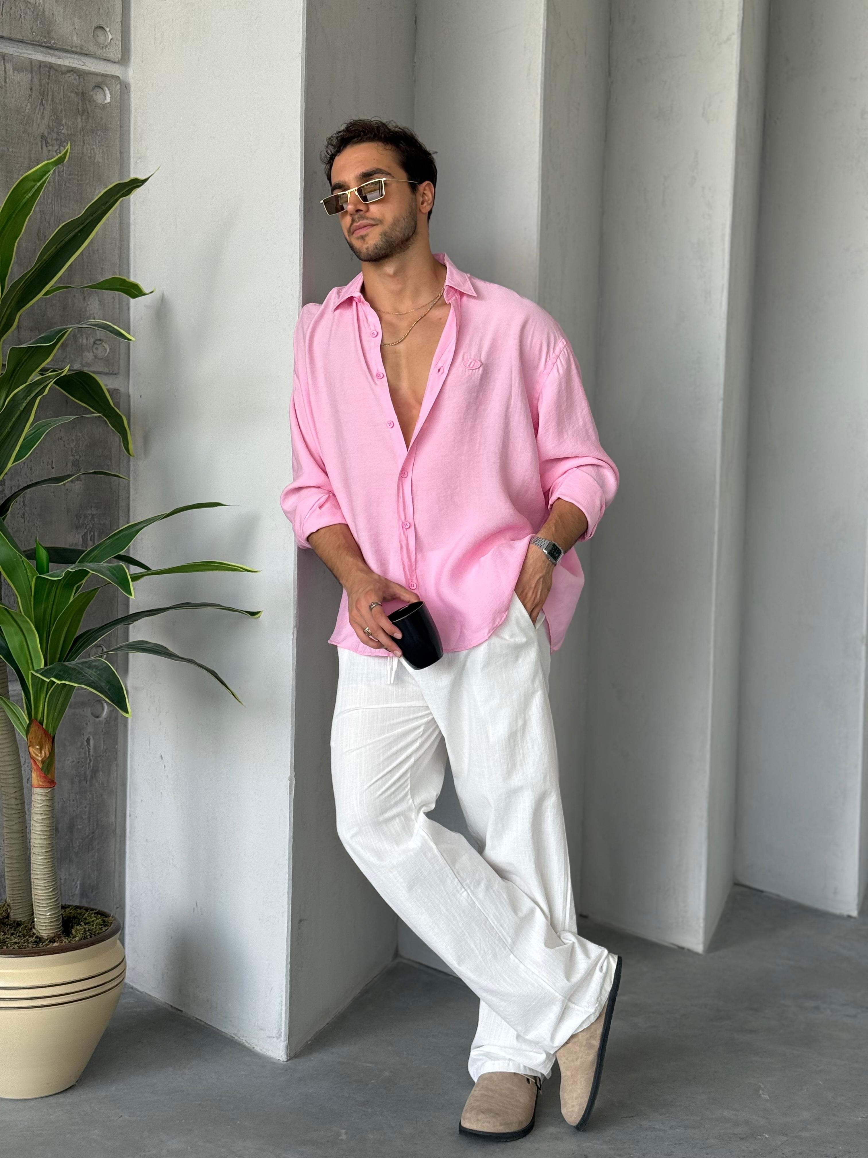 GM3021 Modal Kumaş Oversize Gömlek Pembe