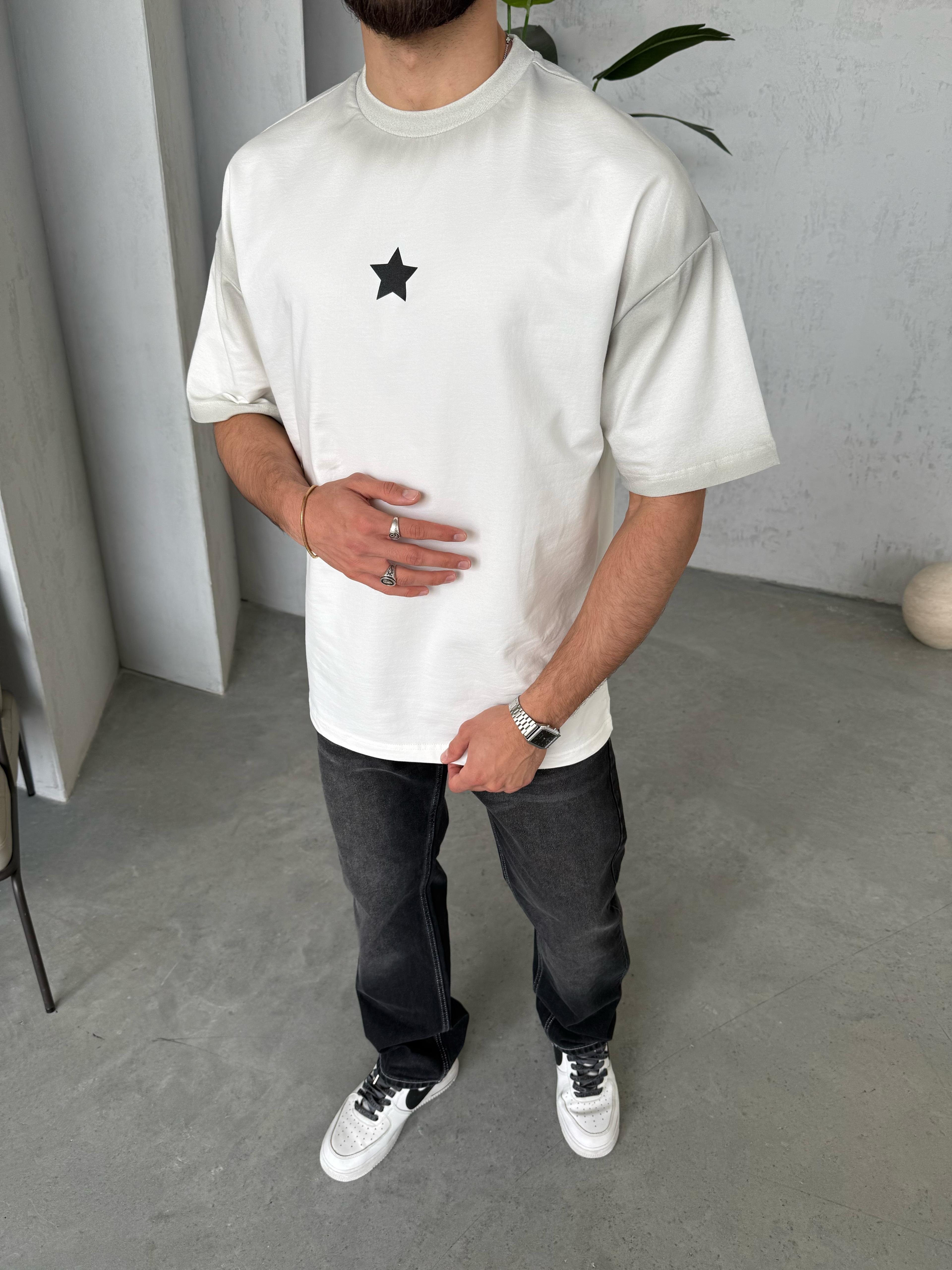 T2011 Yıldız Baskılı Yıkamalı Oversize T-shirt Beyaz