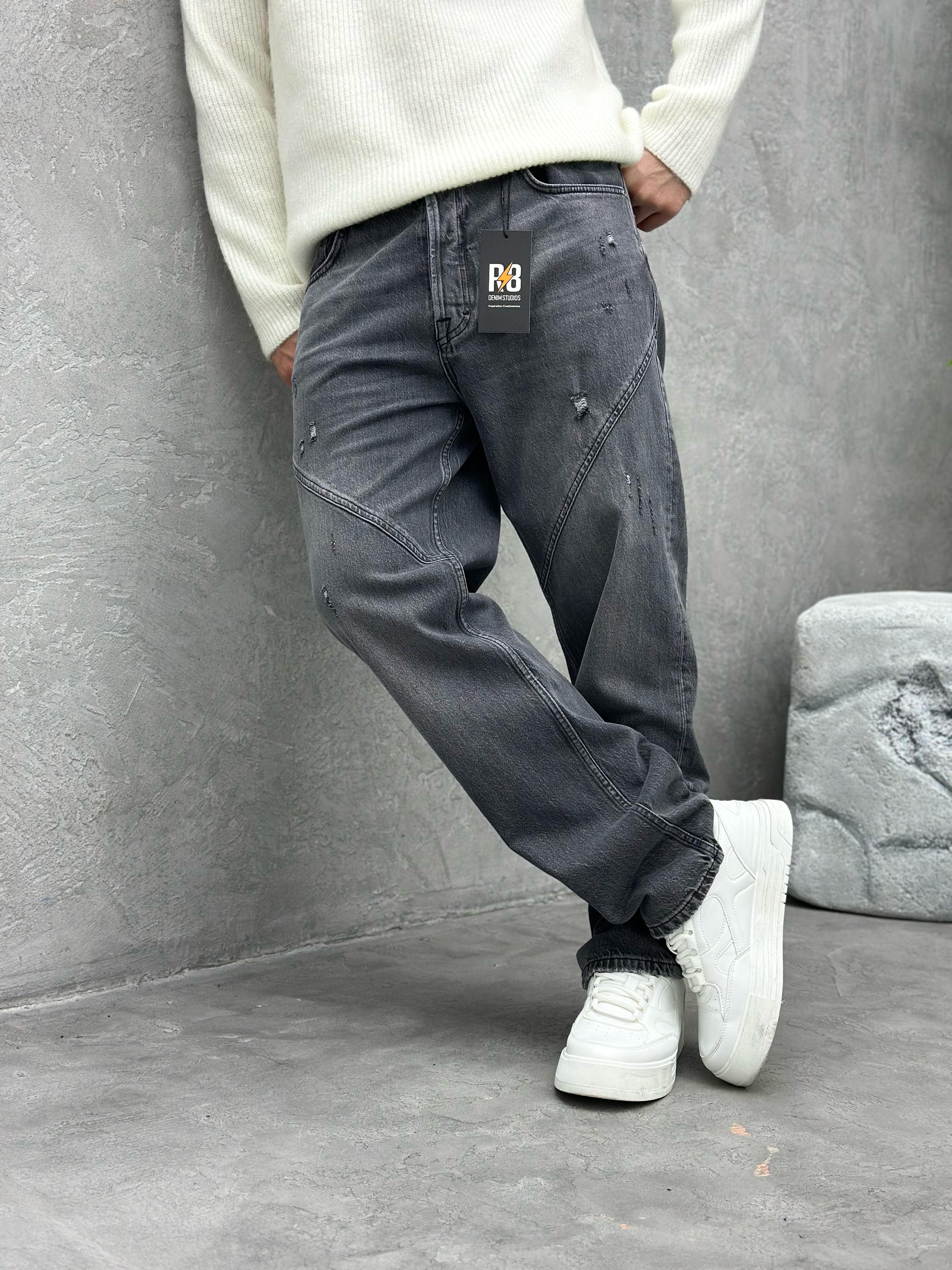 P525 YIKAMALI SİYAH DETAYLI BAGGY PANTOLON